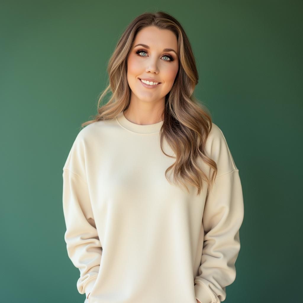 Portrait in cream sweatshirt against green background with styled wavy hair.