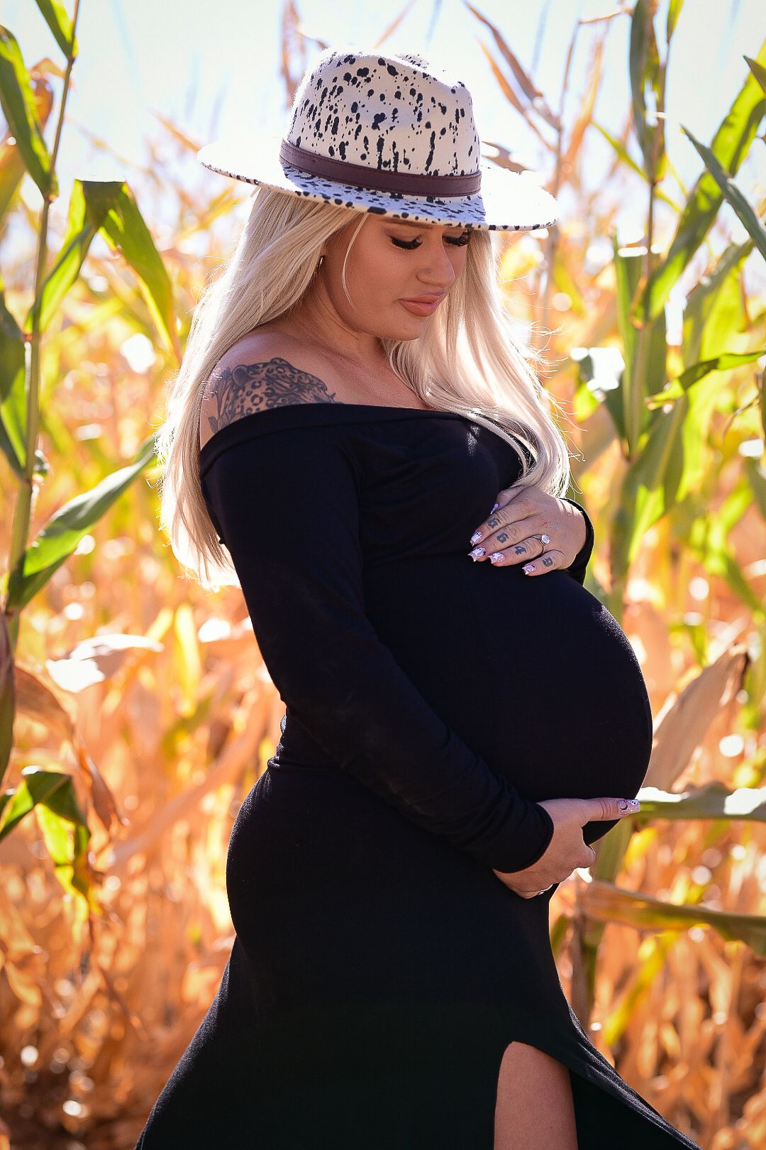 A person in a black dress and patterned hat poses in a cornfield during a maternity shoot.