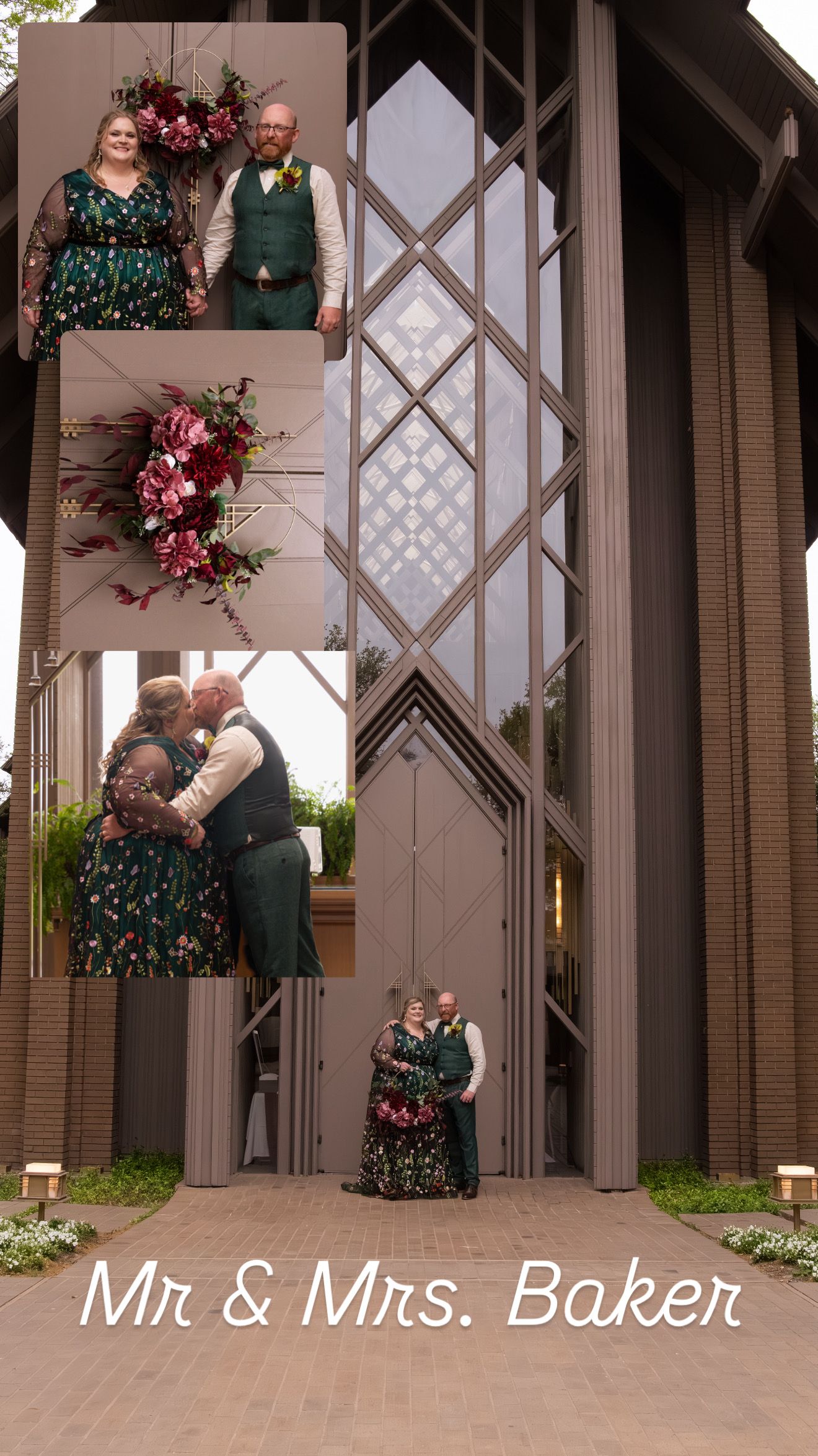Mr. and Mrs. Baker wedding photo collage showing couple in green floral attire posing outside a modern chapel.