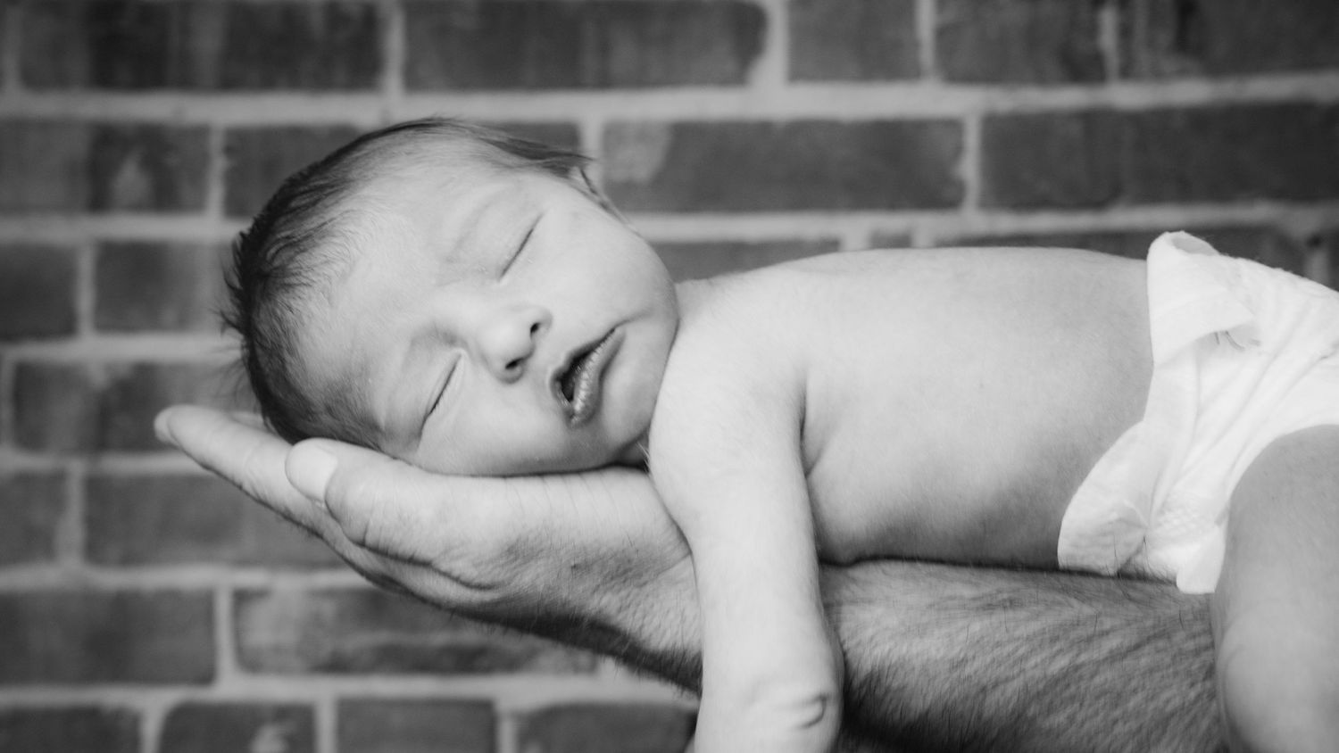 A peaceful black and white image of a sleeping baby resting on an adult's arm against a brick wall backdrop.