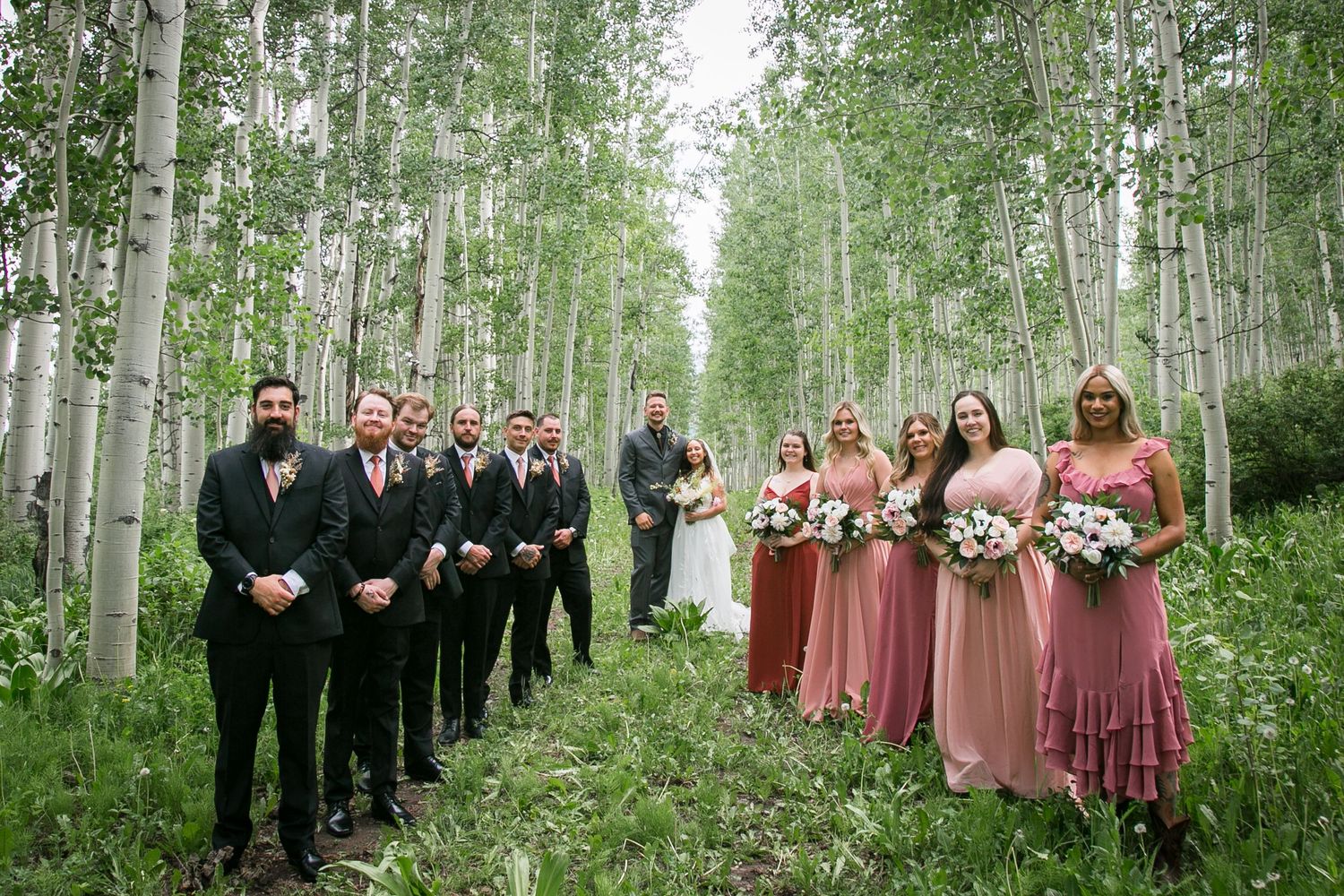 Wedding party lines up in an ethereal aspen grove with bridesmaids in dusty rose dresses.