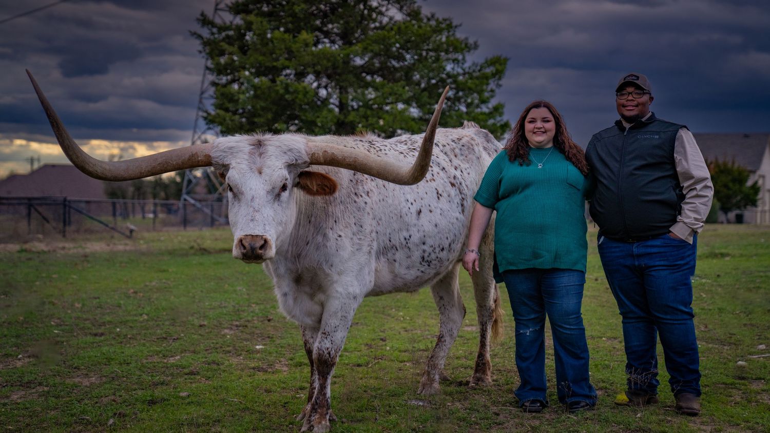 Couple posing with large Texas Longhorn steer in rural field.