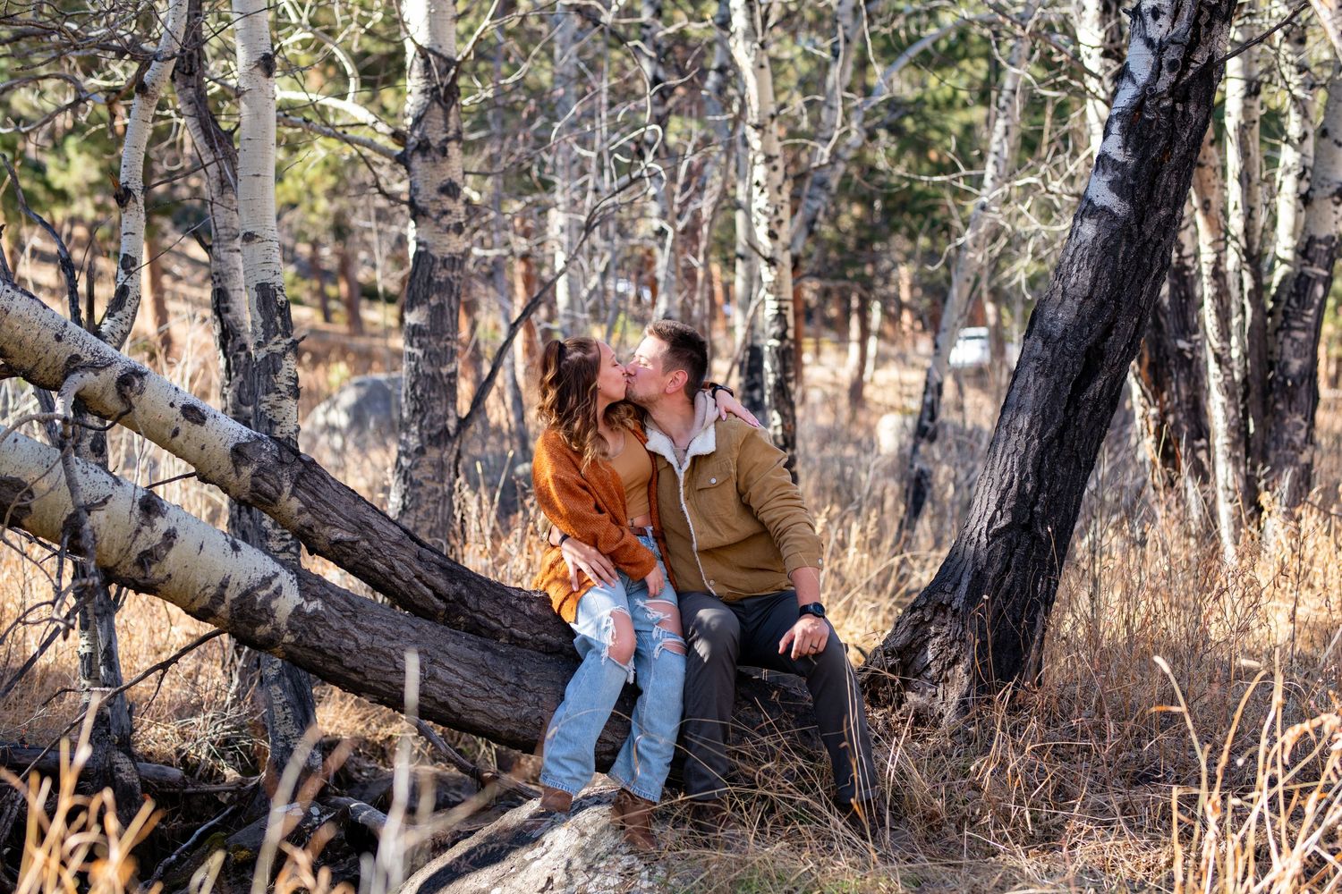 A couple sits together on a fallen tree trunk in a wooded forest setting during autumn.
