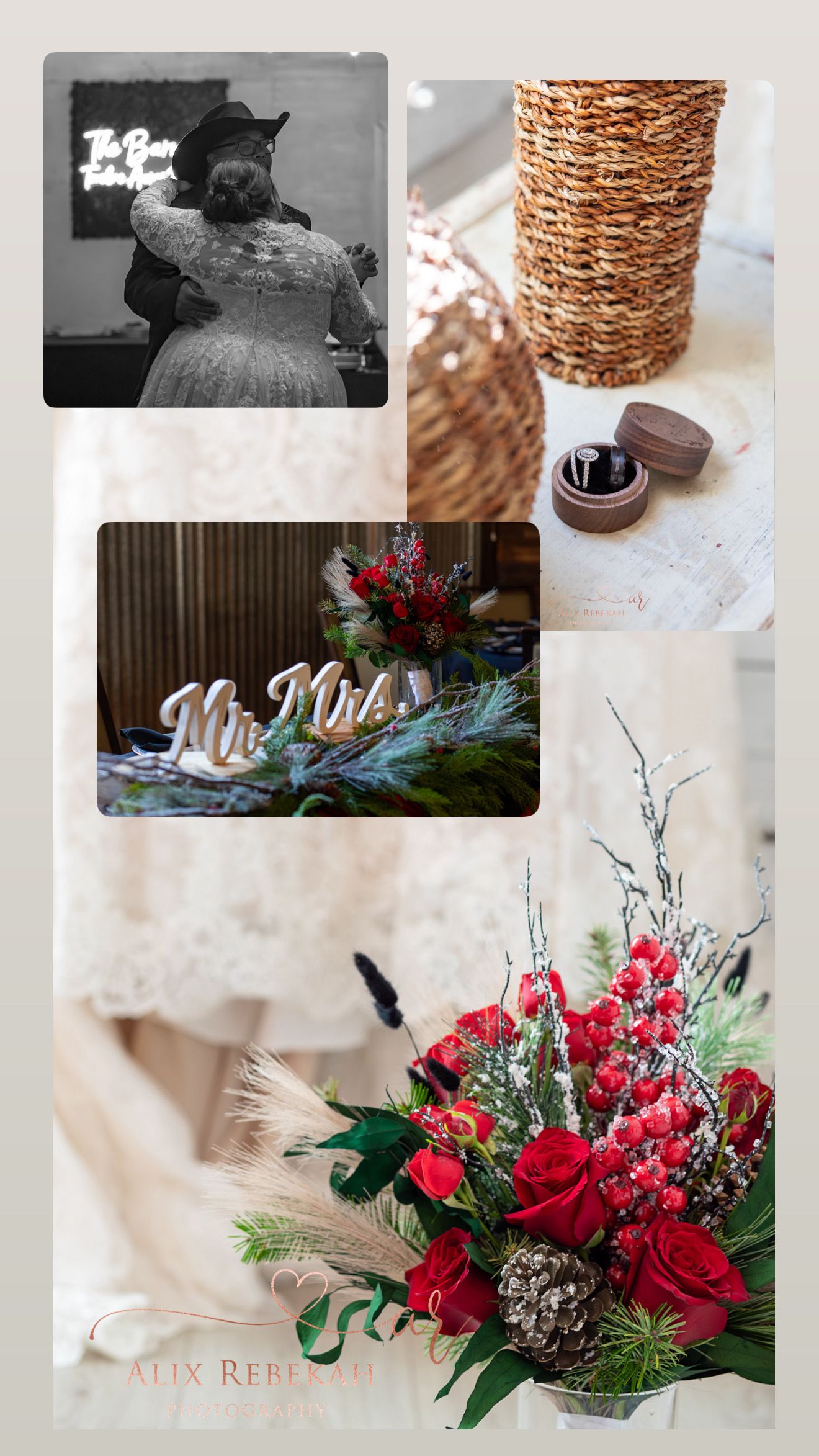 Winter wedding collage featuring Mr. & Mrs. signs, red roses, pine cones, and elegant bridal details.