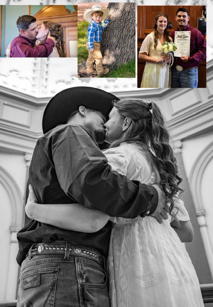 A romantic collage featuring a country wedding theme with a couple embracing and various moments from their special day.