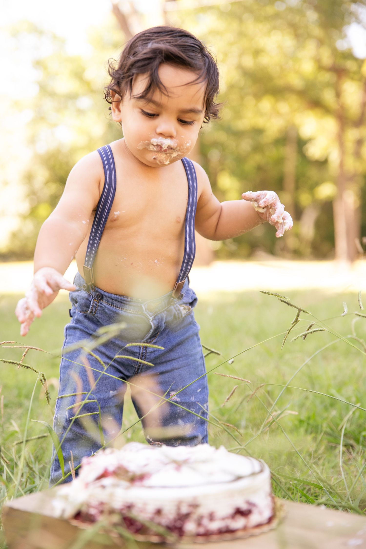 Toddler in blue overalls exploring a messy cake outdoors in golden sunlight.