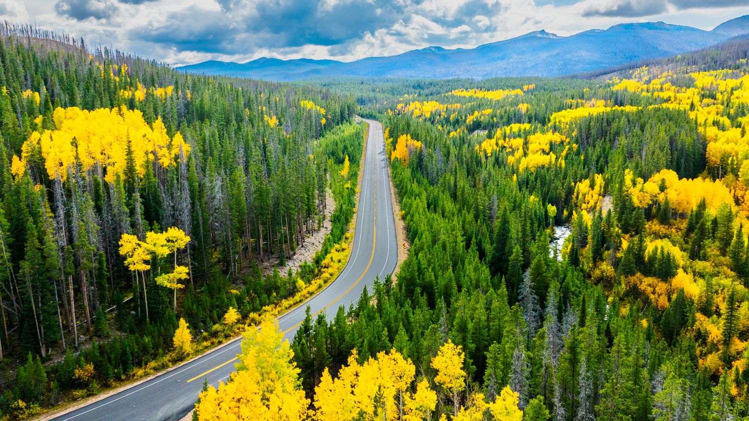 Scenic mountain highway winding through golden aspen trees and evergreen forest in autumn.