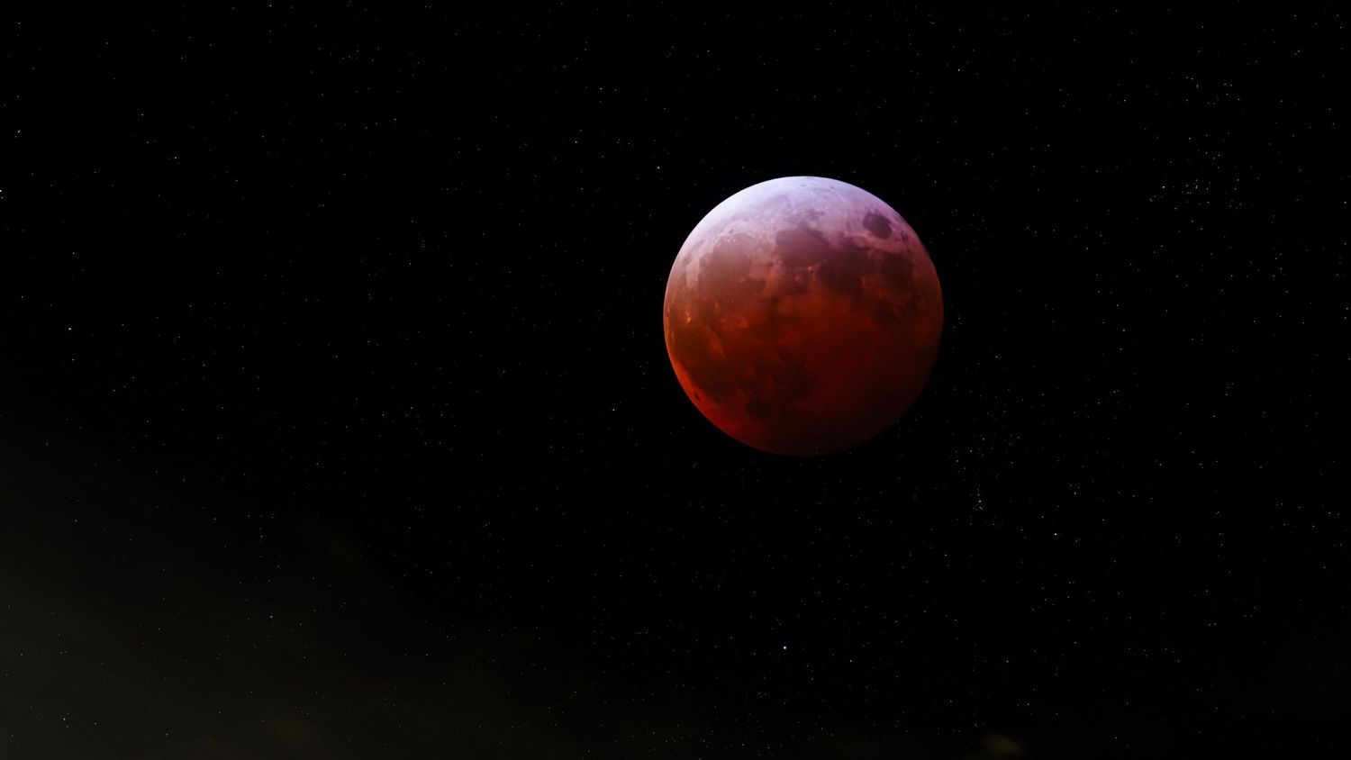 Sequence showing lunar eclipse phases with moon transitioning to blood red color.