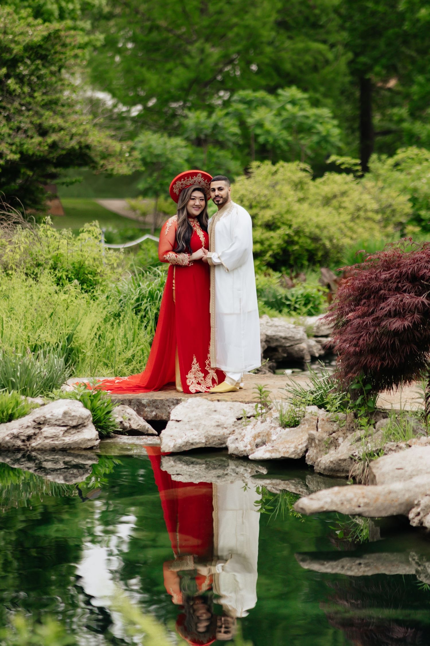 Vietnamese engagement session. Mix of cultures. green gardens. Moroccan groom. Garden engagement session. Philbrook museum. landscaping