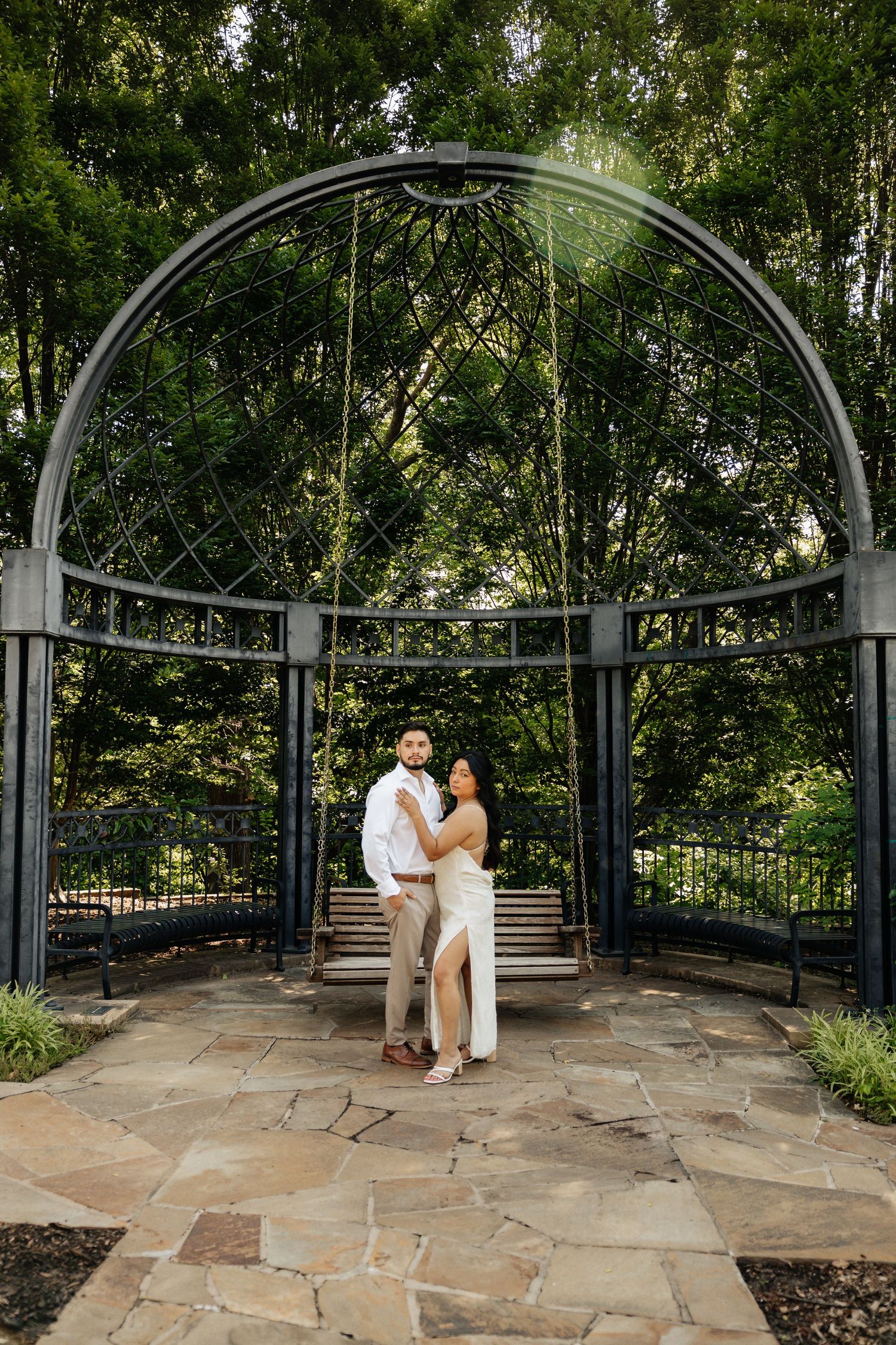 Italy inspired wedding. Engagement session in nature inspired by love and weddings. Philbrook museum of art in tulsa, oklahoma. Swing set.