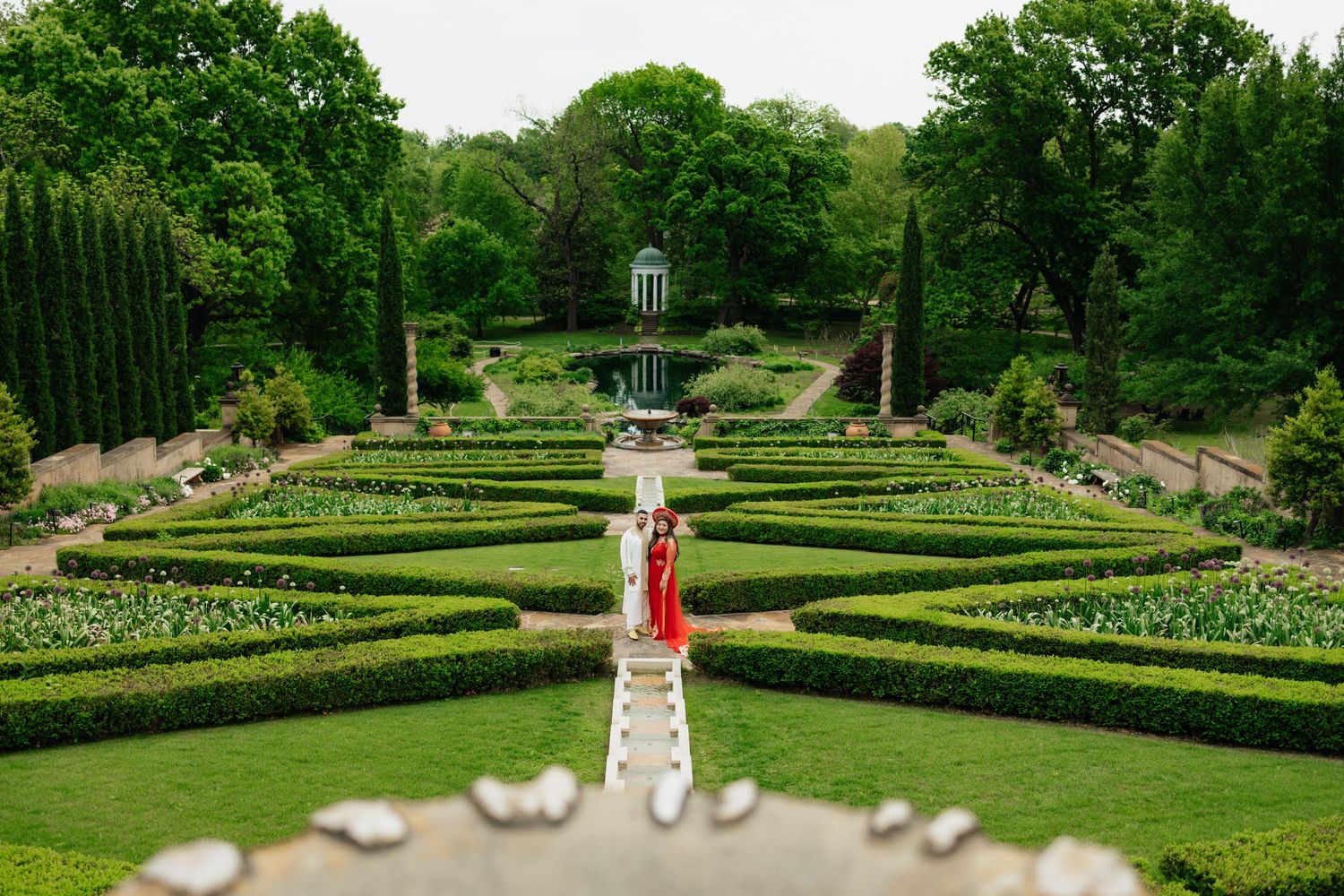 Vietnamese engagement session. Mix of cultures. green gardens. Moroccan groom. Garden engagement session. Philbrook museum. landscaping