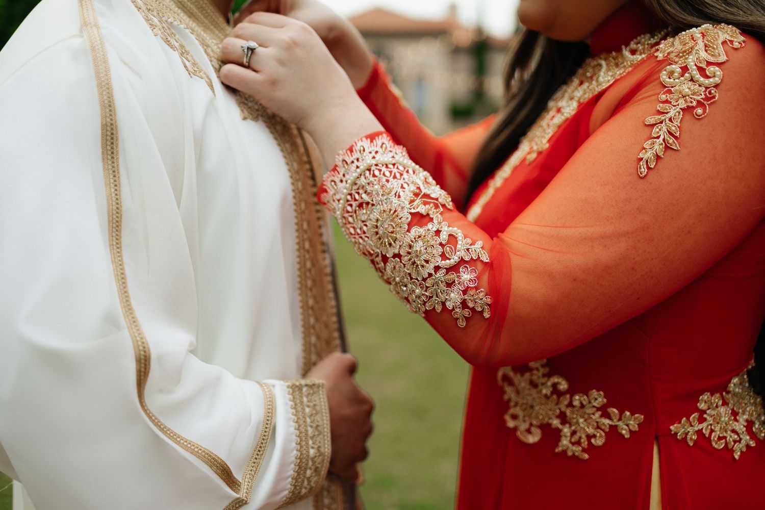 Vietnamese engagement session. Mix of cultures. Bride and groom. Moroccan groom . Garden engagement session. Philbrook museum Tulsa, ok