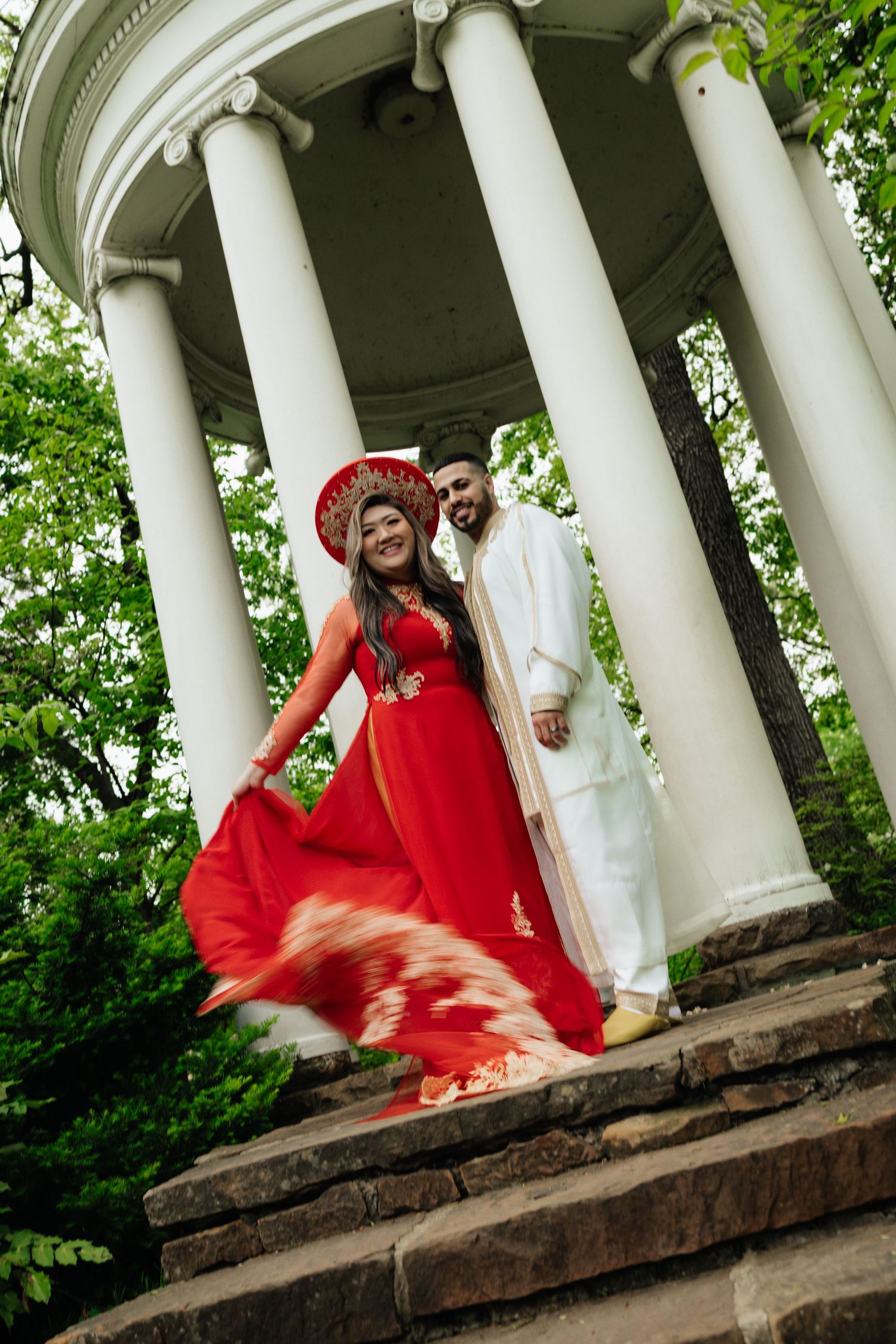 Vietnamese engagement session. Mix of cultures. Bride and groom. Moroccan groom . Garden engagement session. Philbrook museum Tulsa, ok