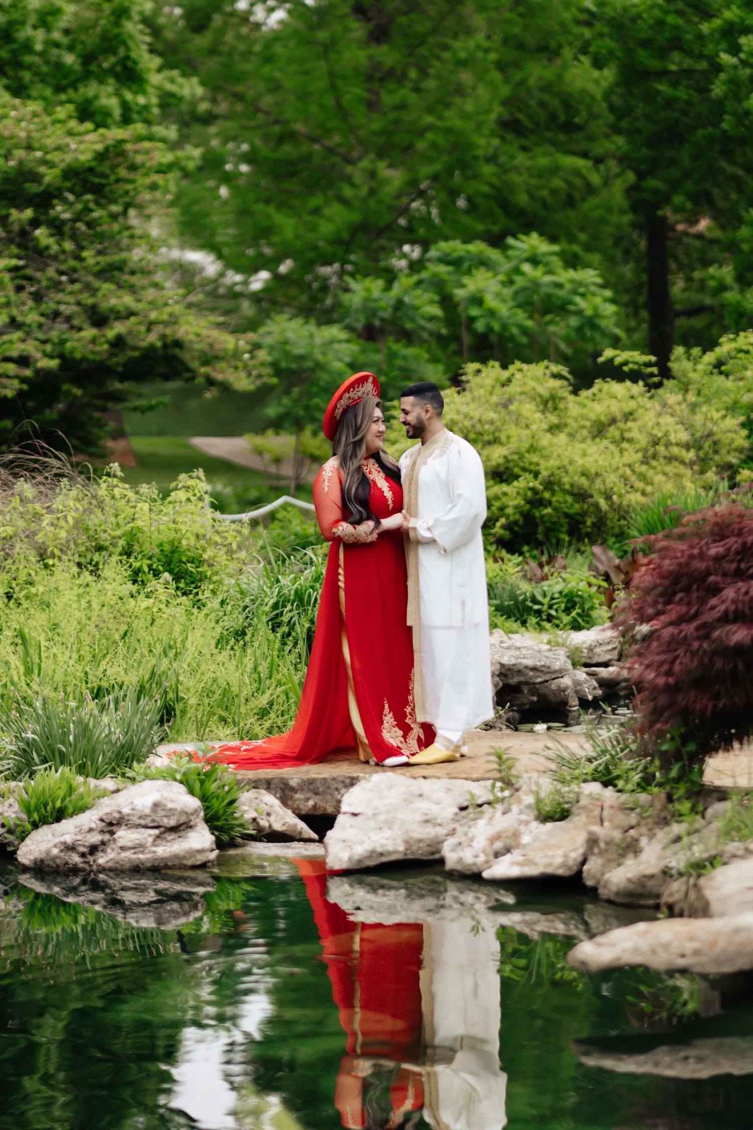 Vietnamese engagement session. Mix of cultures. green gardens. Moroccan groom. Garden engagement session. Philbrook museum. landscaping