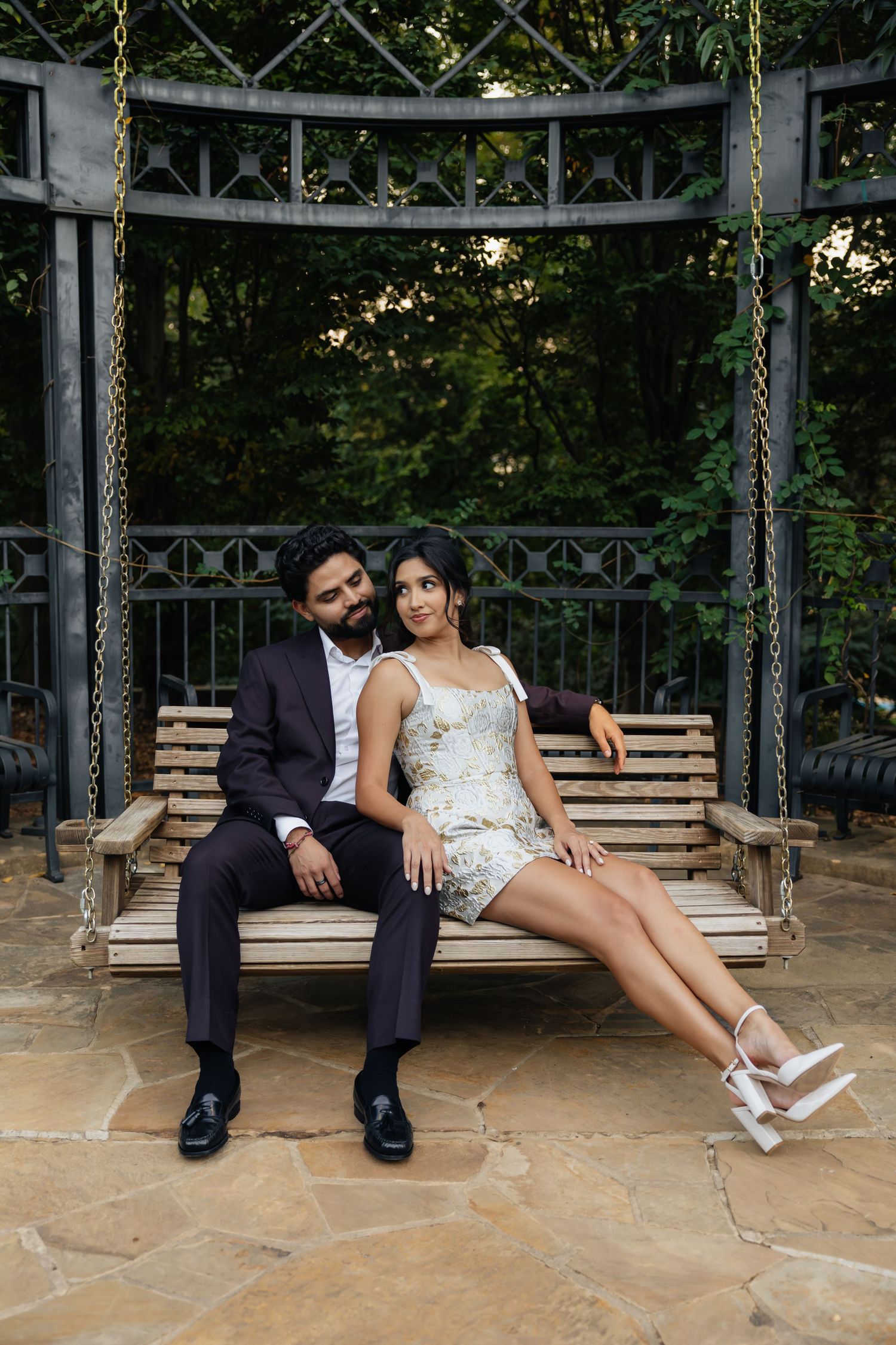 Italy inspired wedding. Engagement session in nature inspired by love and weddings. Philbrook museum of art in tulsa, oklahoma. Swing set.