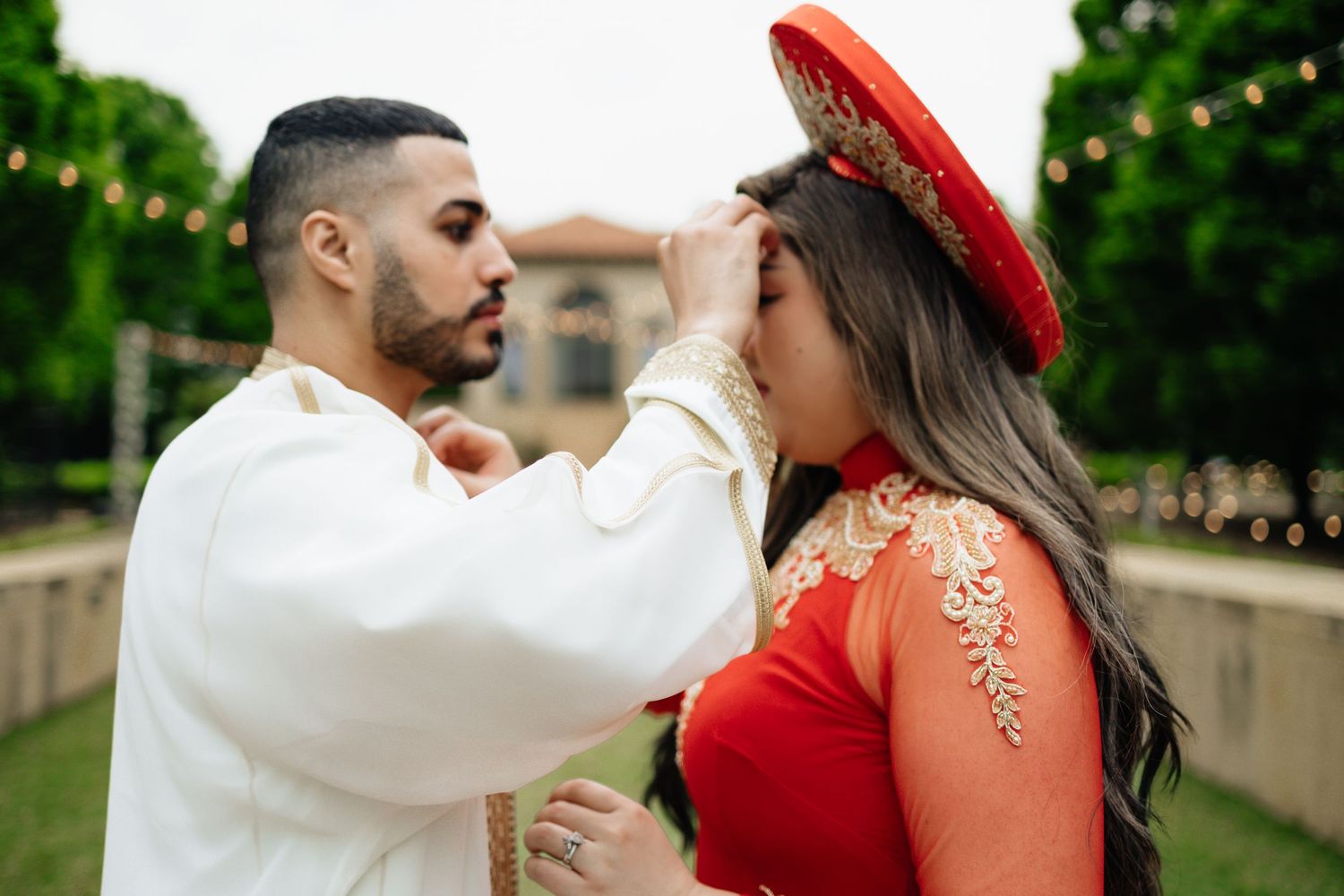 Vietnamese engagement session. Mix of cultures. Bride and groom. Moroccan groom . Garden engagement session. Philbrook museum Tulsa, ok