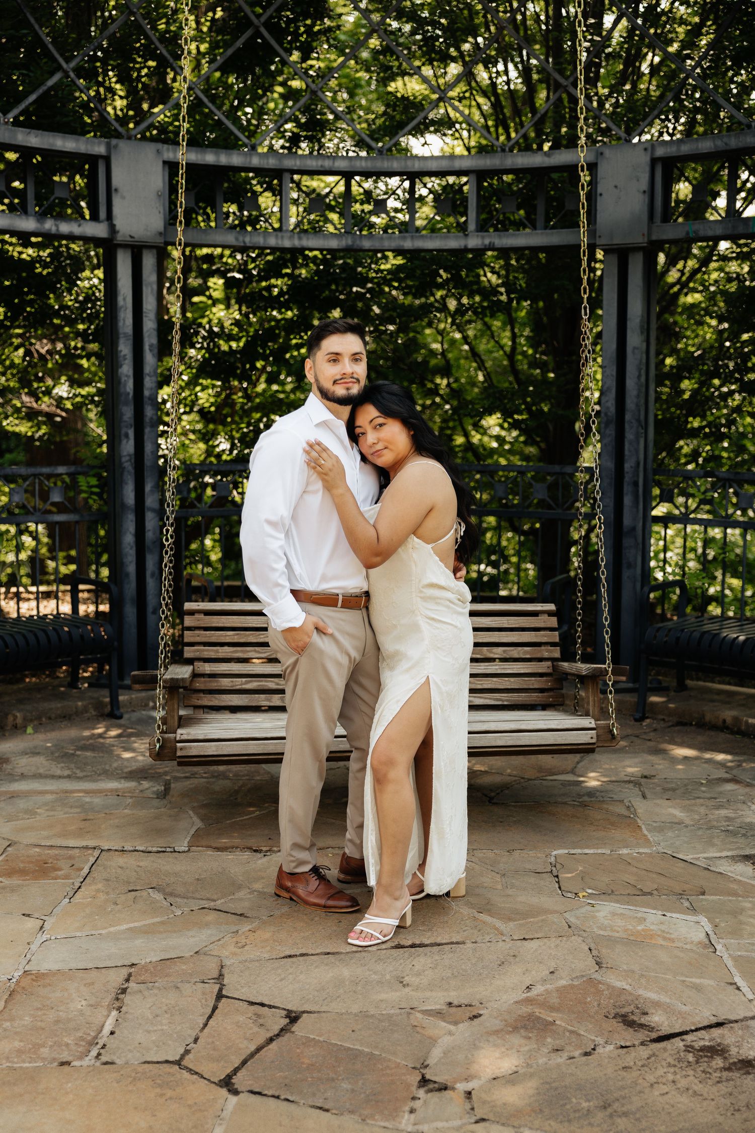 Italy inspired wedding. Engagement session in nature inspired by love and weddings. Philbrook museum of art in tulsa, oklahoma. Swing set.