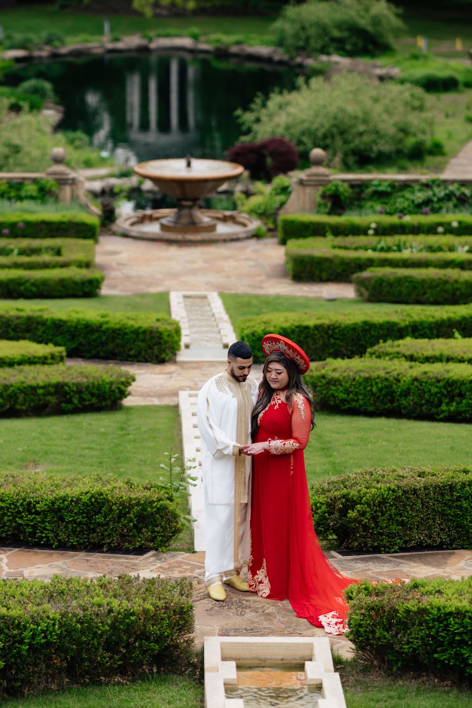 Vietnamese engagement session. Mix of cultures. fountains &  water. Moroccan groom. Garden engagement session. Philbrook museum. landscaping