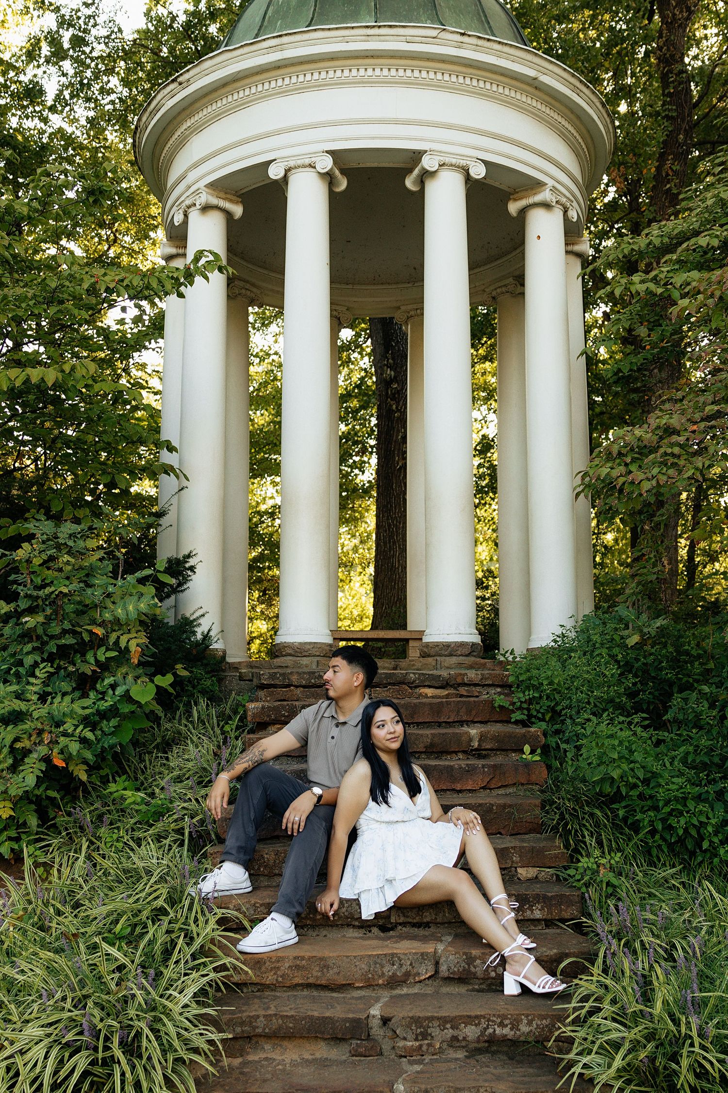 Greenery garden feels. Engagement session in nature inspired by love and weddings. Philbrook museum of art in tulsa, oklahoma. bride to be.