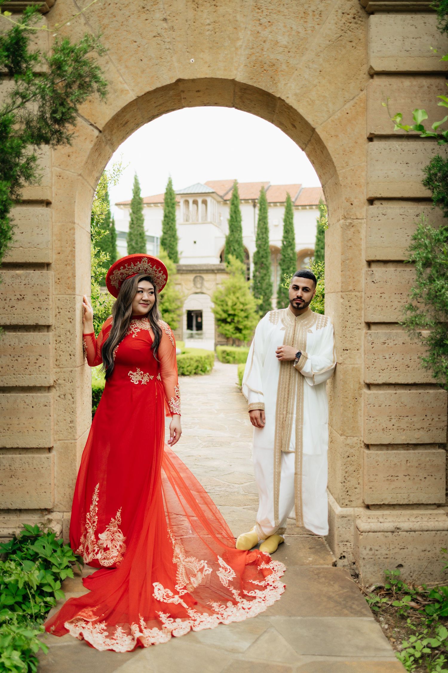 Vietnamese engagement session. Mix of cultures. green gardens. Moroccan groom. Garden engagement session. Philbrook museum. landscaping