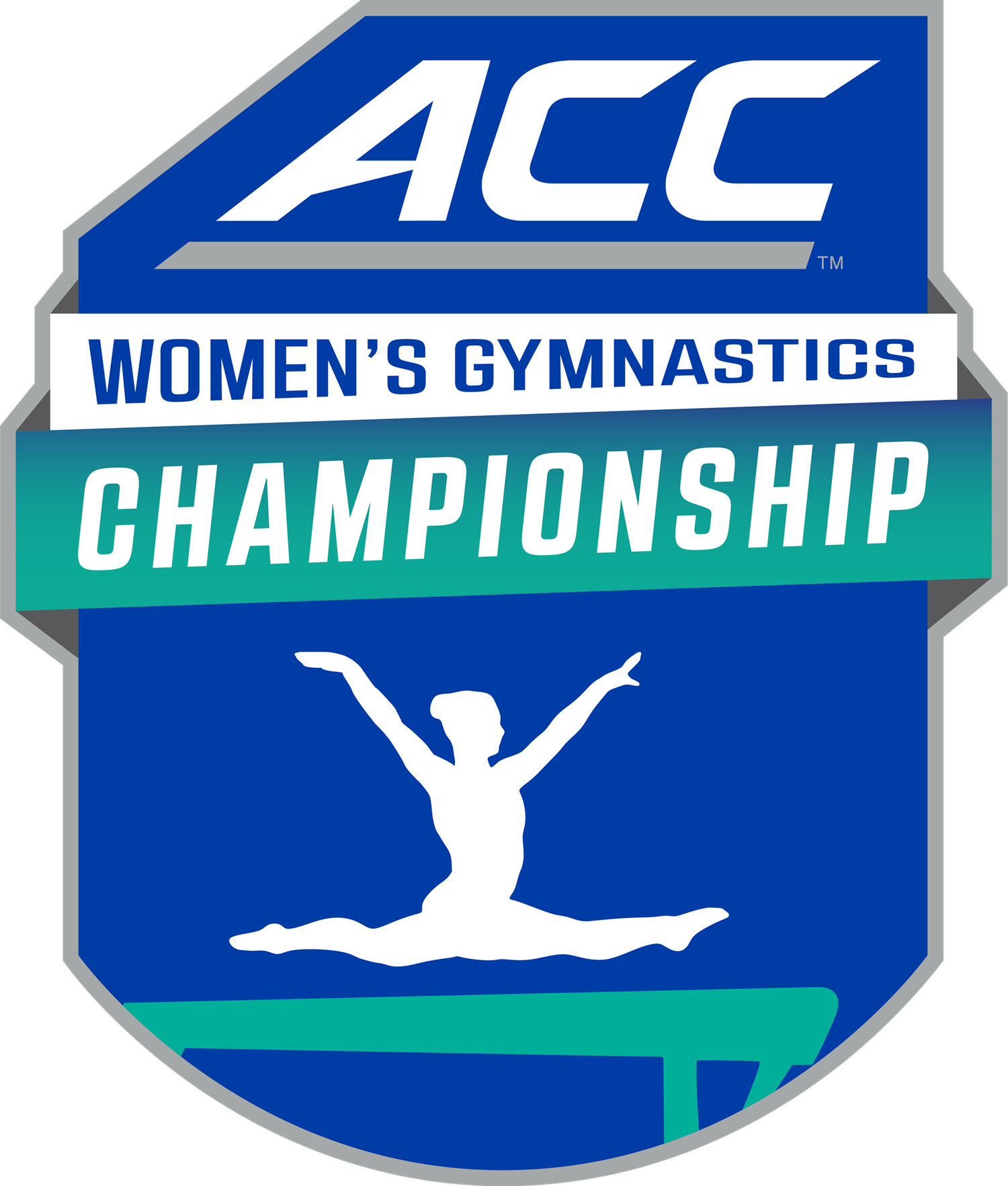 Five blue and turquoise ACC Women's Gymnastics Championship logos featuring silhouettes of gymnasts in different poses.
