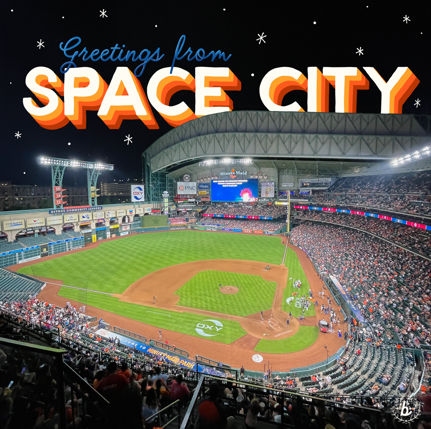 Night view of a baseball stadium with 'Greetings from Space City' text overlay showing illuminated field and crowded stands.