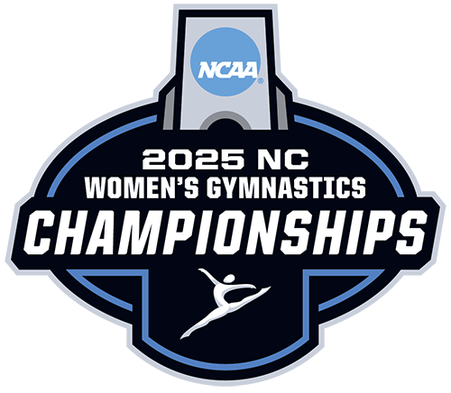NCAA 2025 North Carolina Women's Gymnastics Championships logo featuring a silhouetted gymnast on a navy and blue shield.