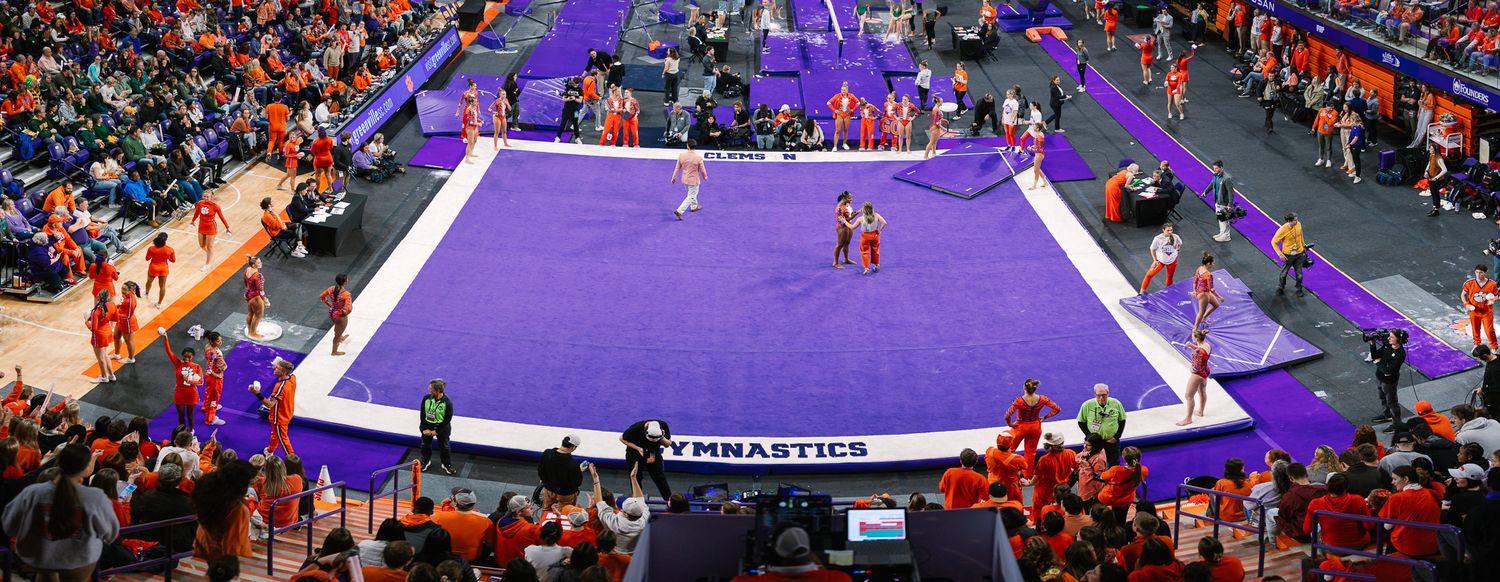 Wide view of a purple gymnastics floor exercise mat surrounded by spectators during a competition event.