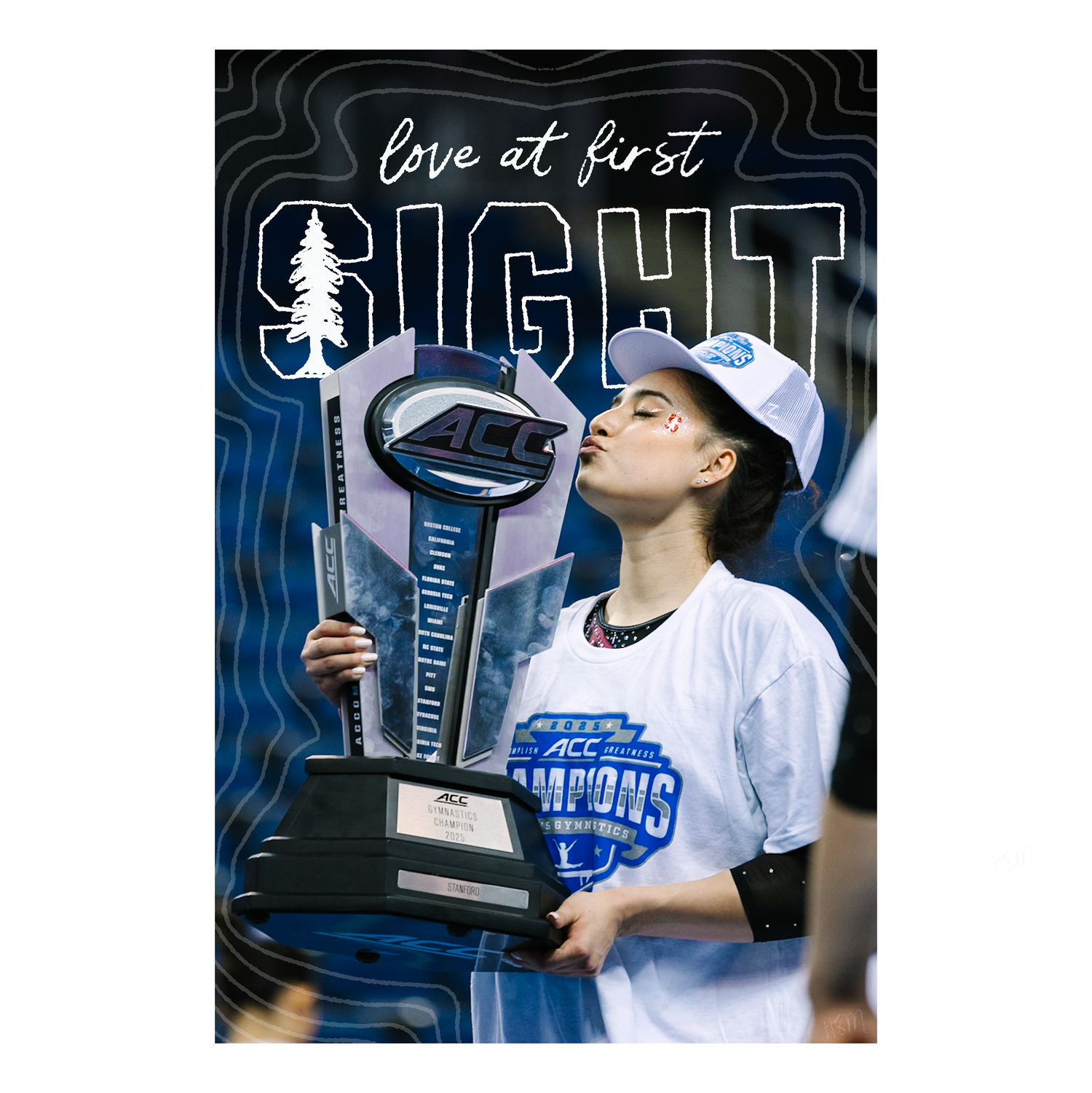 Champion kissing trophy against dark backdrop with 'Love at first sight' text overlay illuminated in blue light.