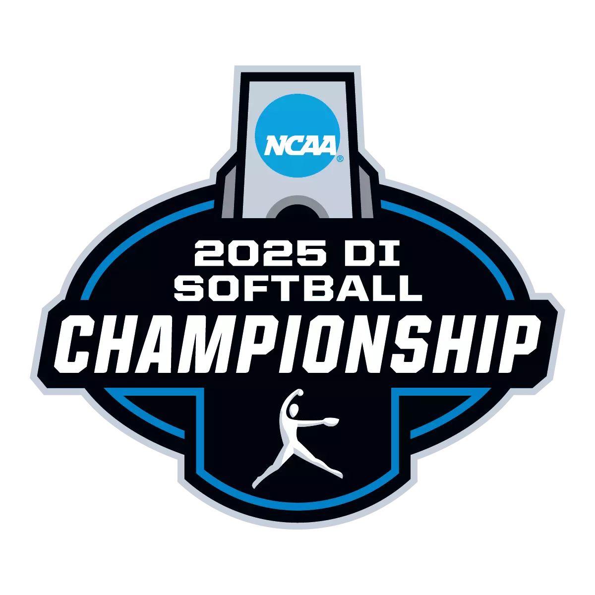 Official NCAA 2025 Division I Softball Championship logo featuring a softball pitcher silhouette in black and blue design.