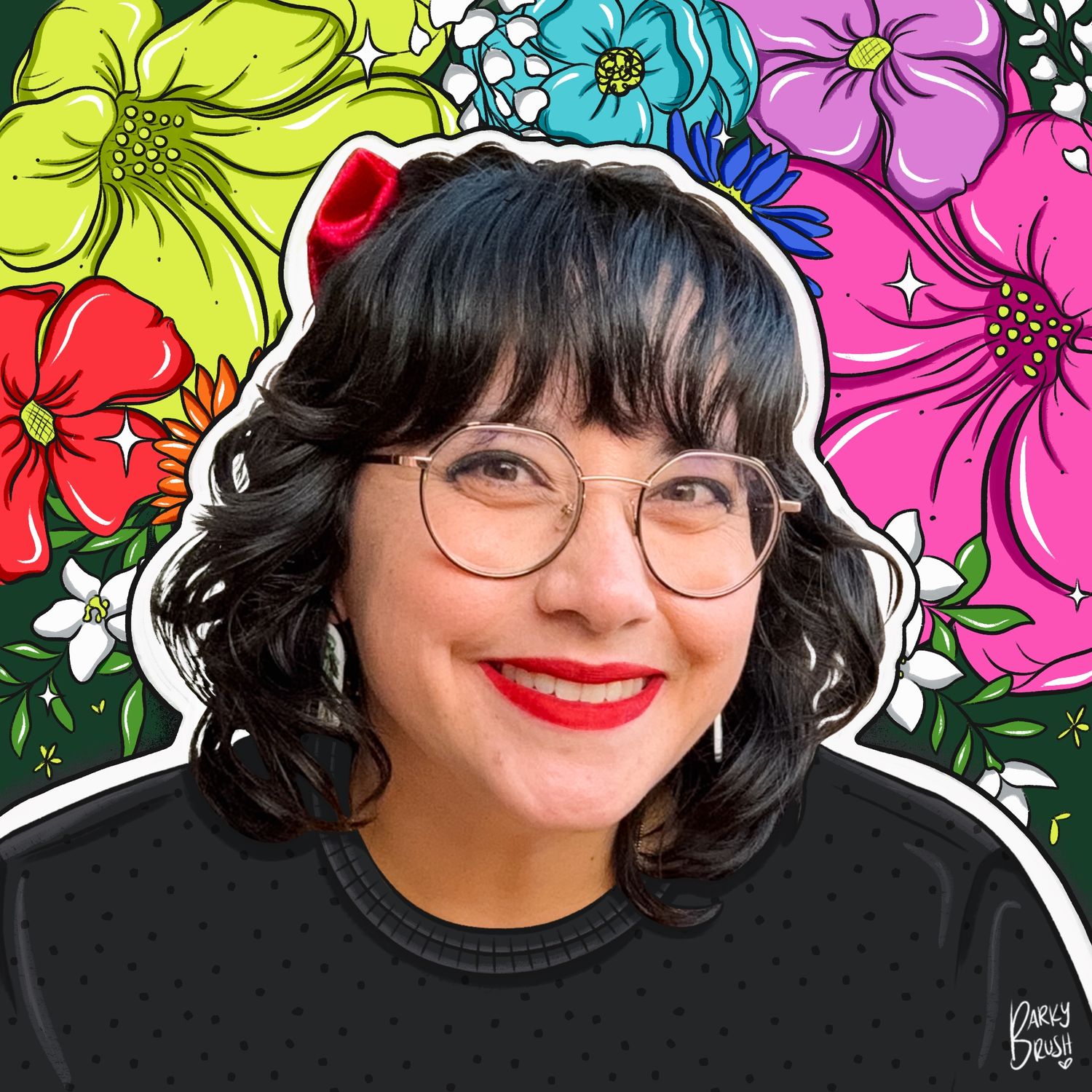 Close-up portrait against vibrant floral pattern with glasses and bold red lipstick.
