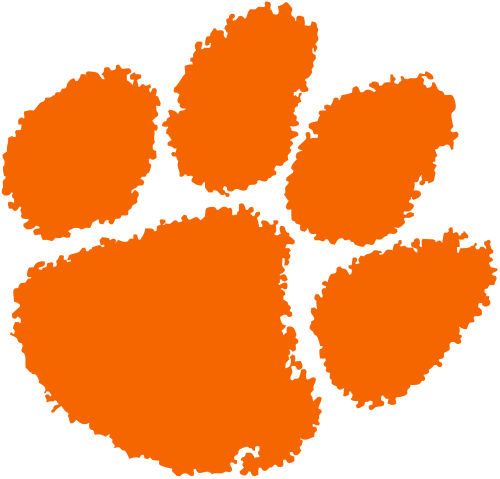Orange Clemson Tigers paw print logo repeated four times in a row against black background.