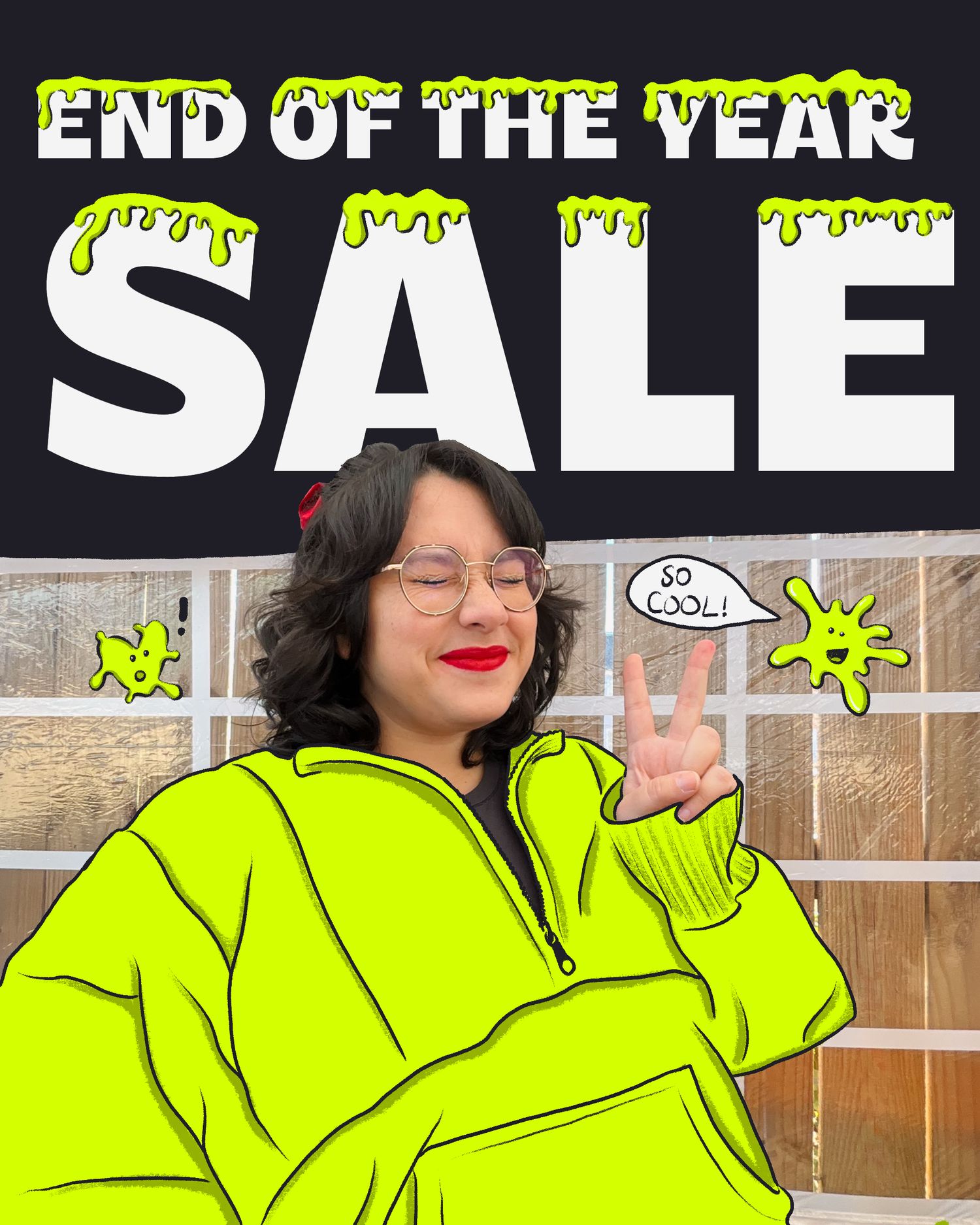 Fashion banner showing neon yellow winter jackets displayed in a retail setting with end of year sale text.