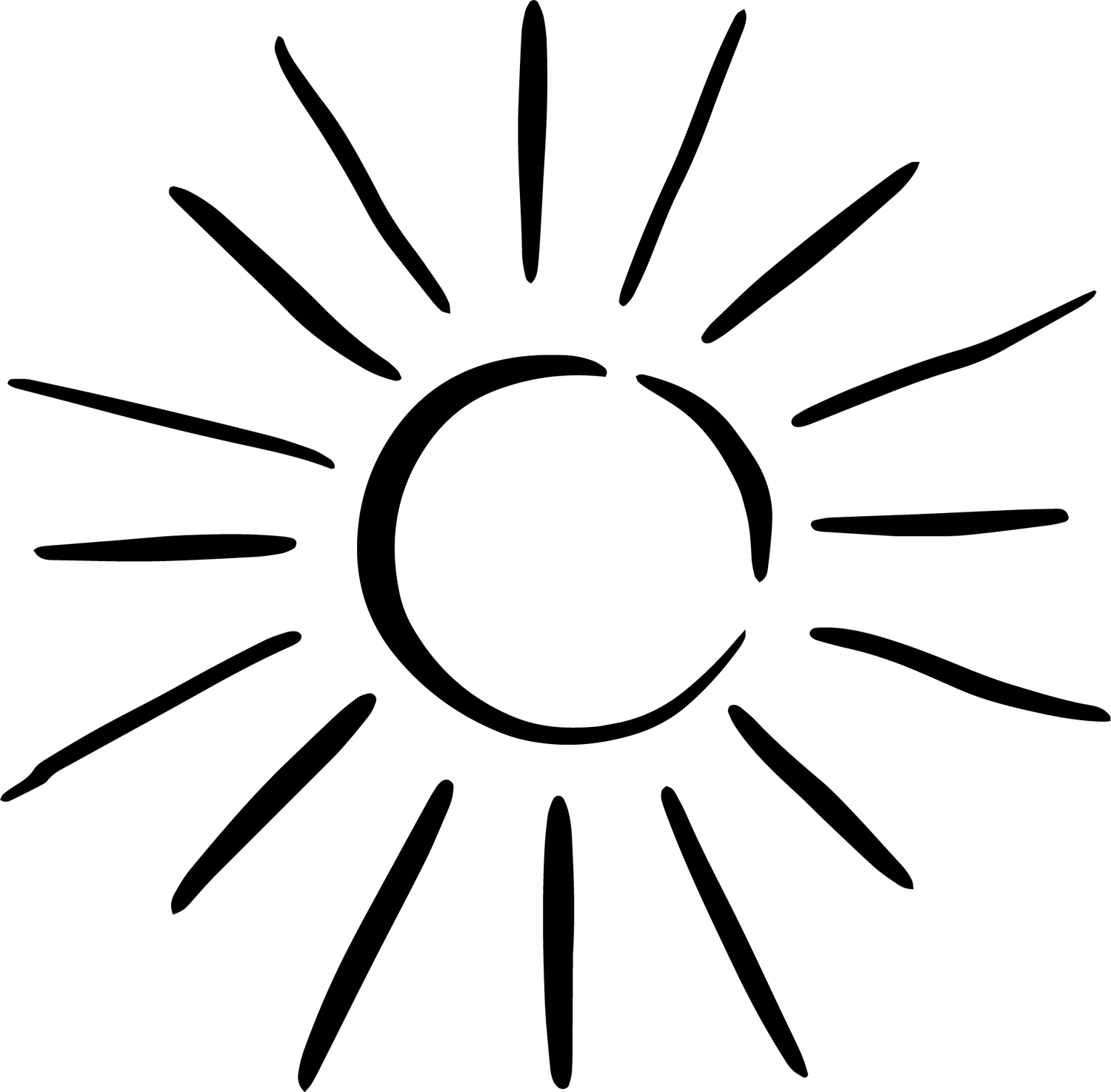 A minimalist black line drawing of a shining sun with radiating rays.