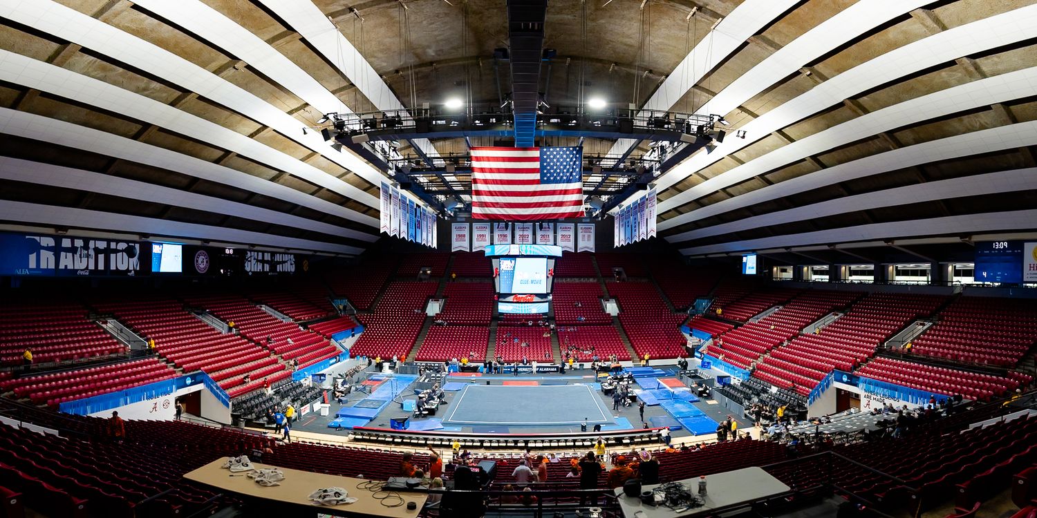 Empty stadium panorama views showing indoor sports arenas with various seating configurations and lighting setups.
