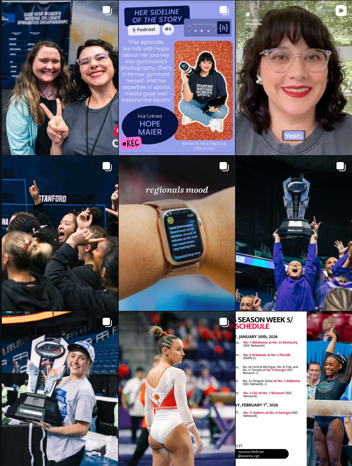 A collage of nine gymnastics-related Instagram posts featuring athletes, schedules, a podcast feature, and competition highlights.