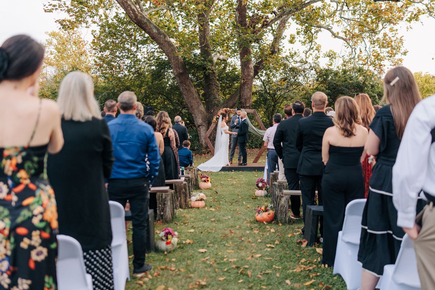 Wedding guests gather outdoors under autumn trees during a fall ceremony celebration.