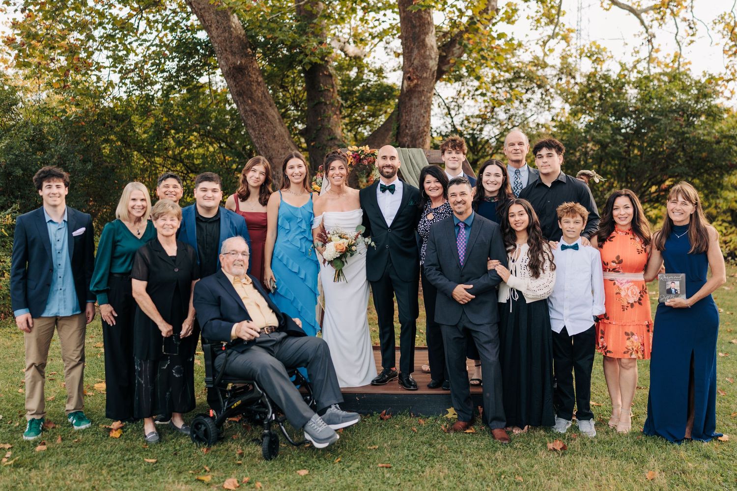 A series of outdoor group photos showing people gathered in casual and formal attire against natural backgrounds.