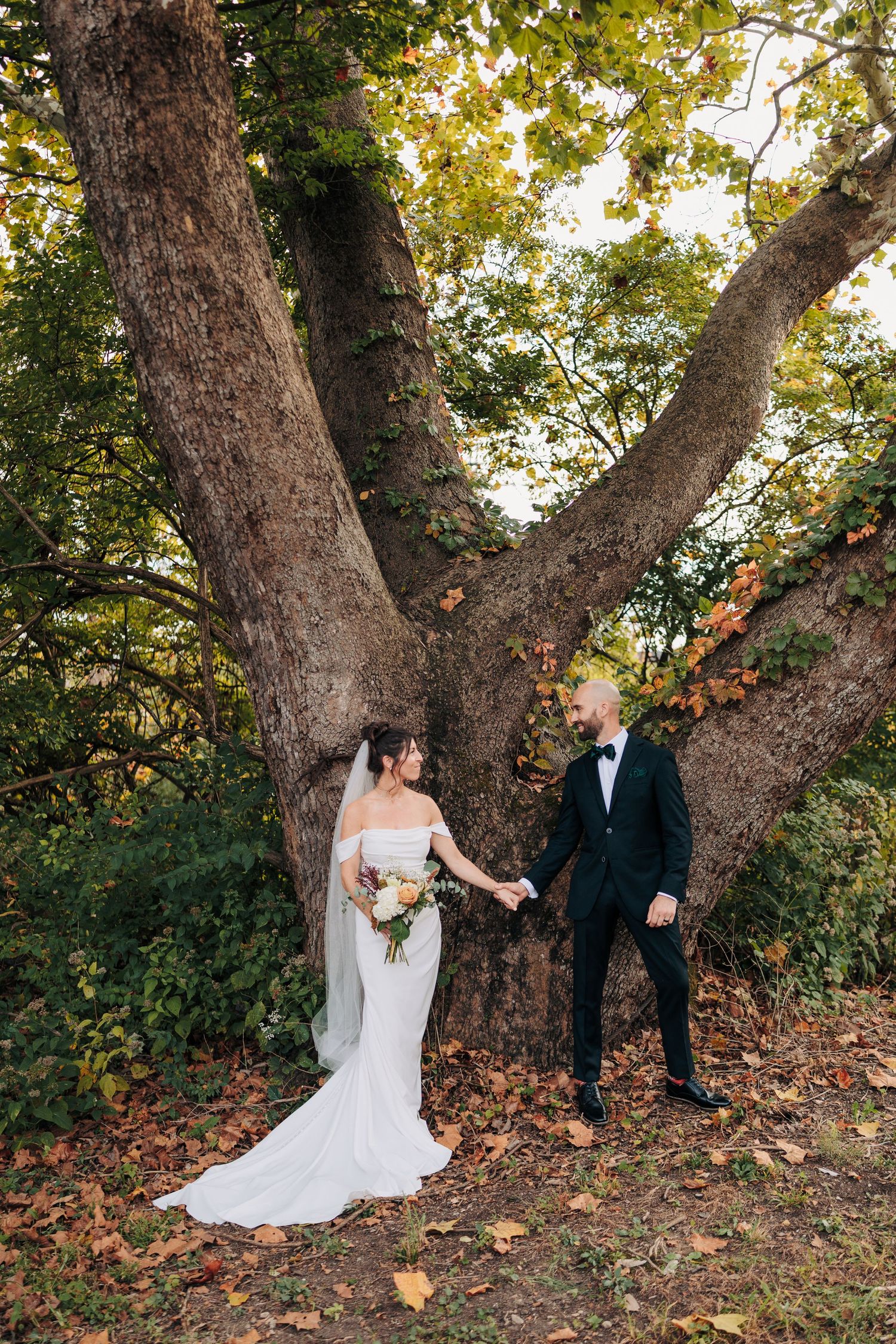 Wedding couple posing for romantic photos under a large tree in autumn.