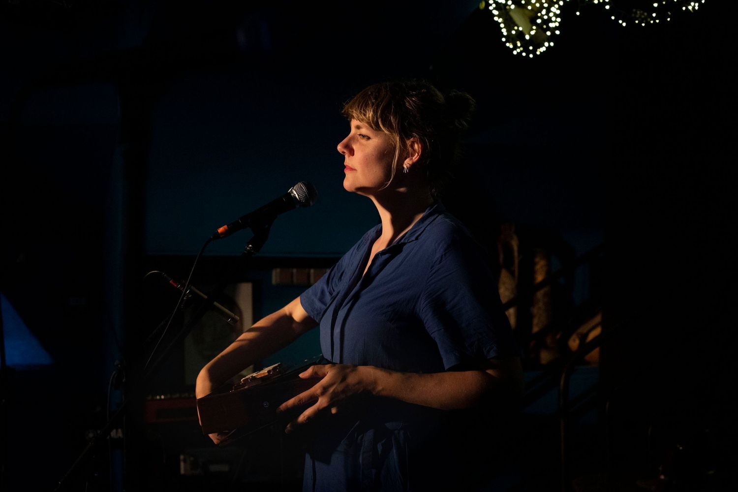 Photo de concert d'une femme sur scène, de profil