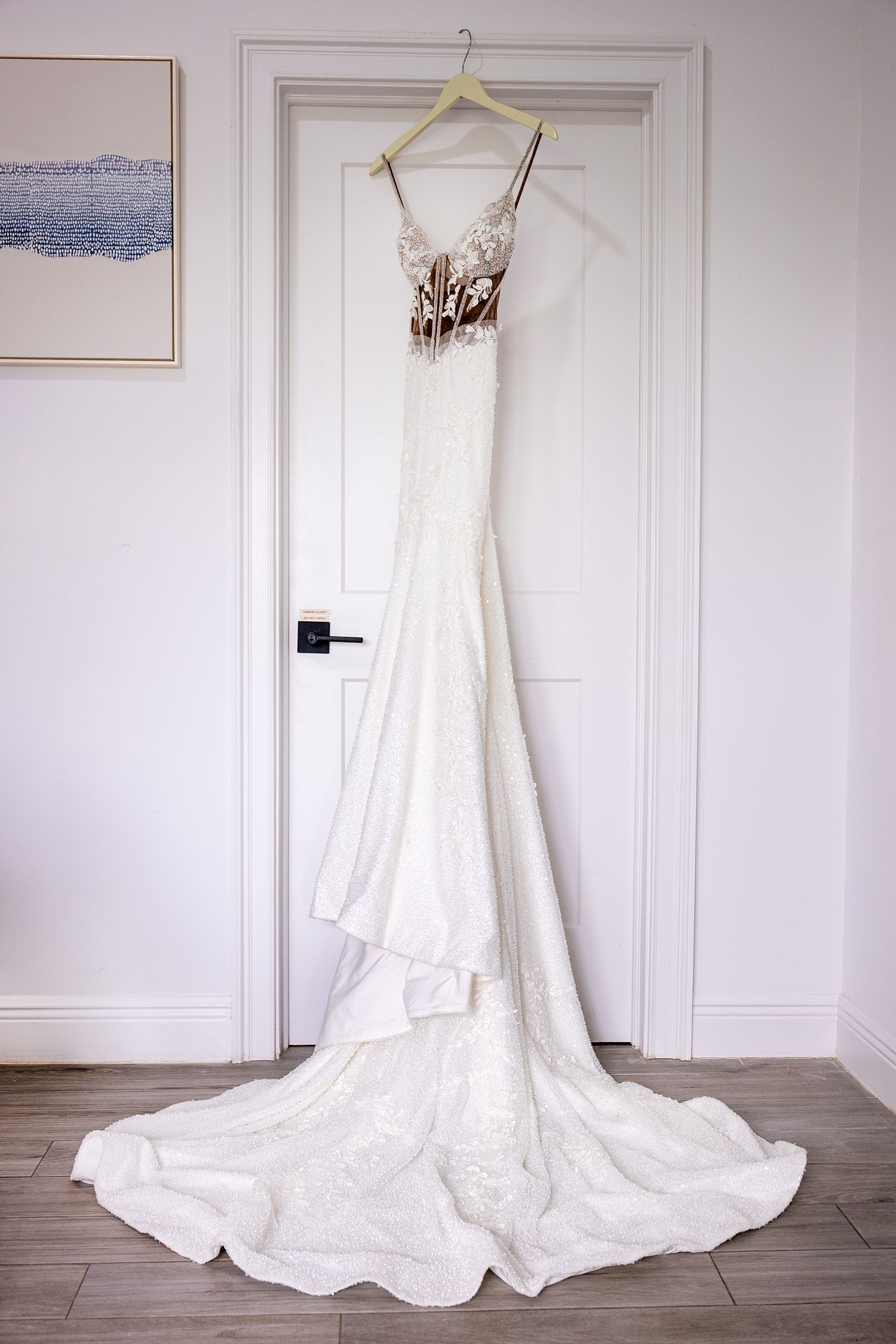 Elegant white lace mermaid wedding dress with embellished bodice hanging on a door in a bright white room.