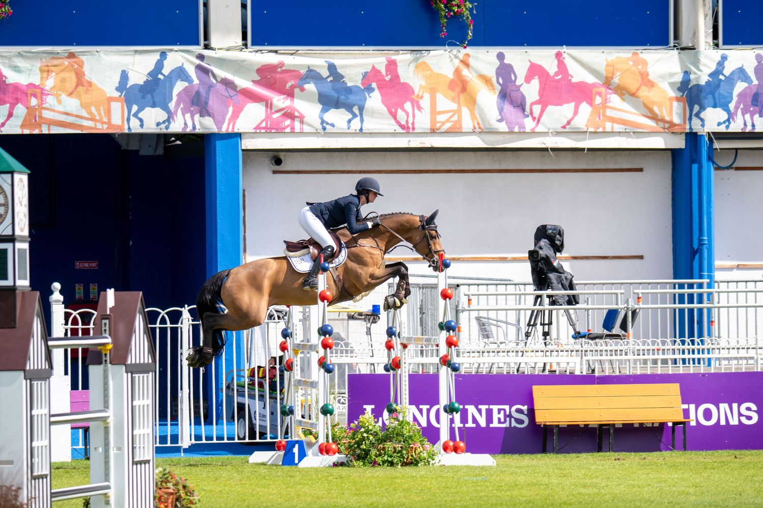 Show jumper clears a high barrier at professional equestrian competition.
