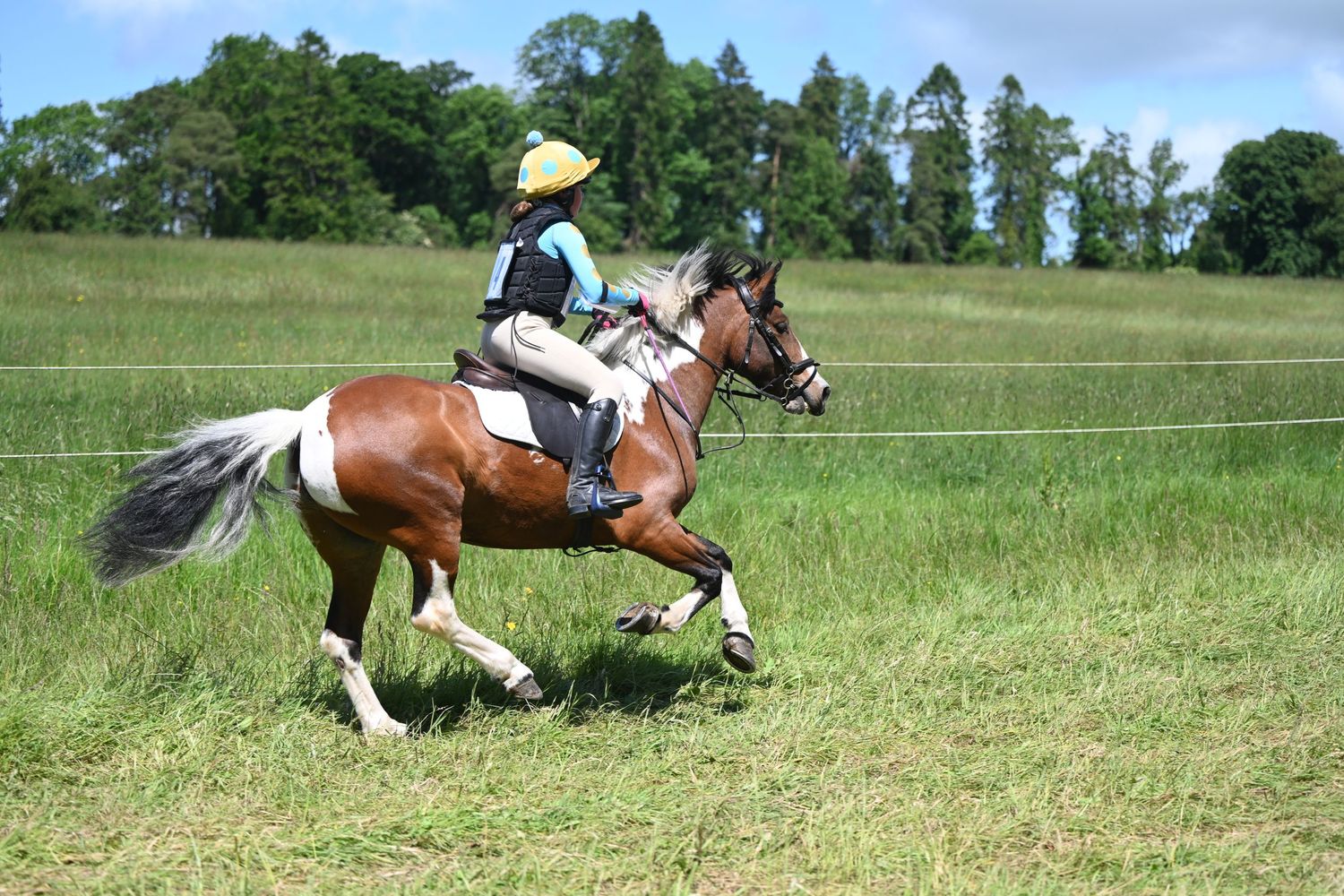 Sequence of horse and rider clearing jumps across a grassy field during competition.