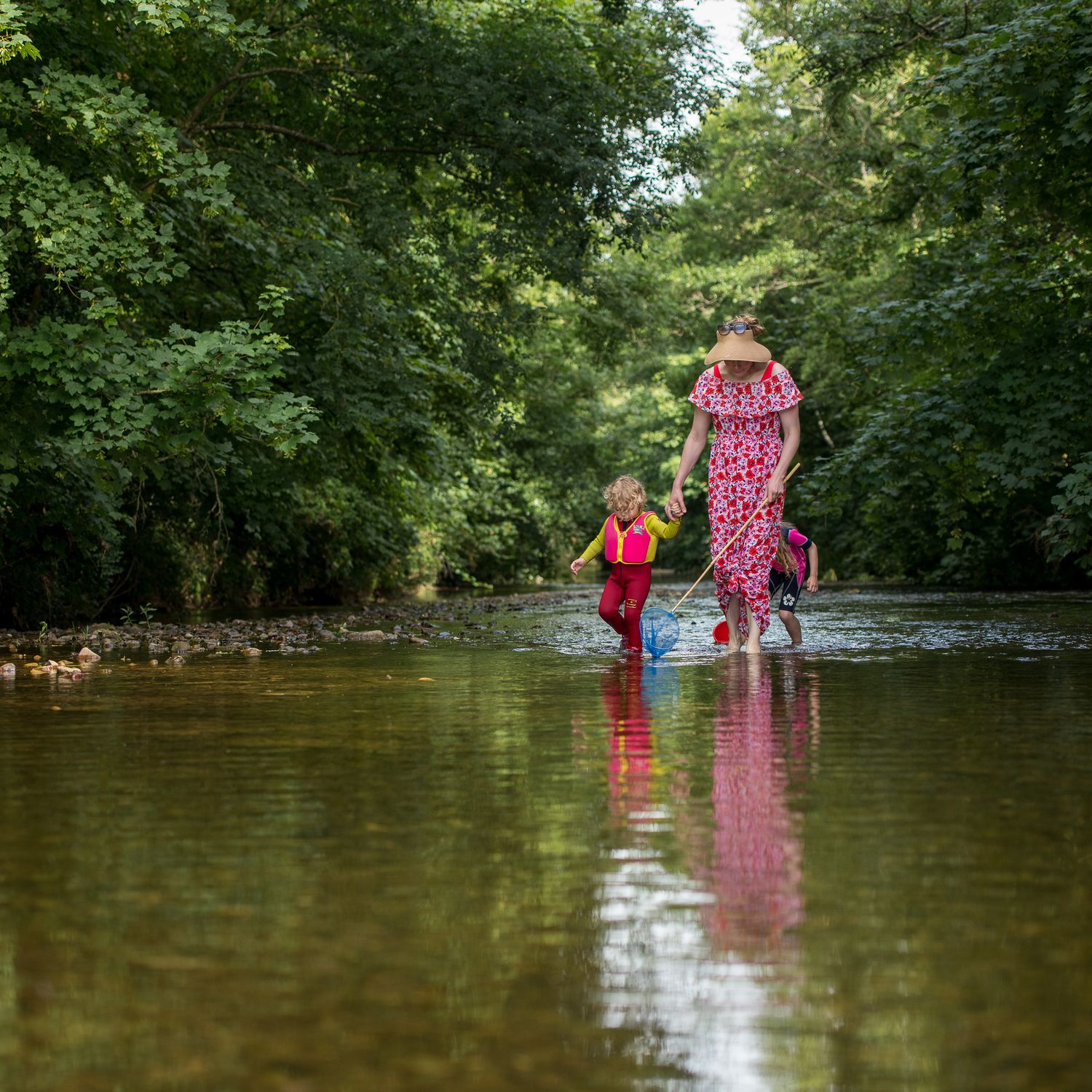 Two figures walking through shallow water in a lush green forest setting.
