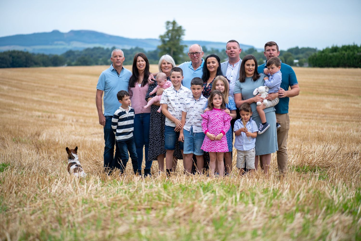 Family group lounging in a golden wheat field on a sunny summer day.