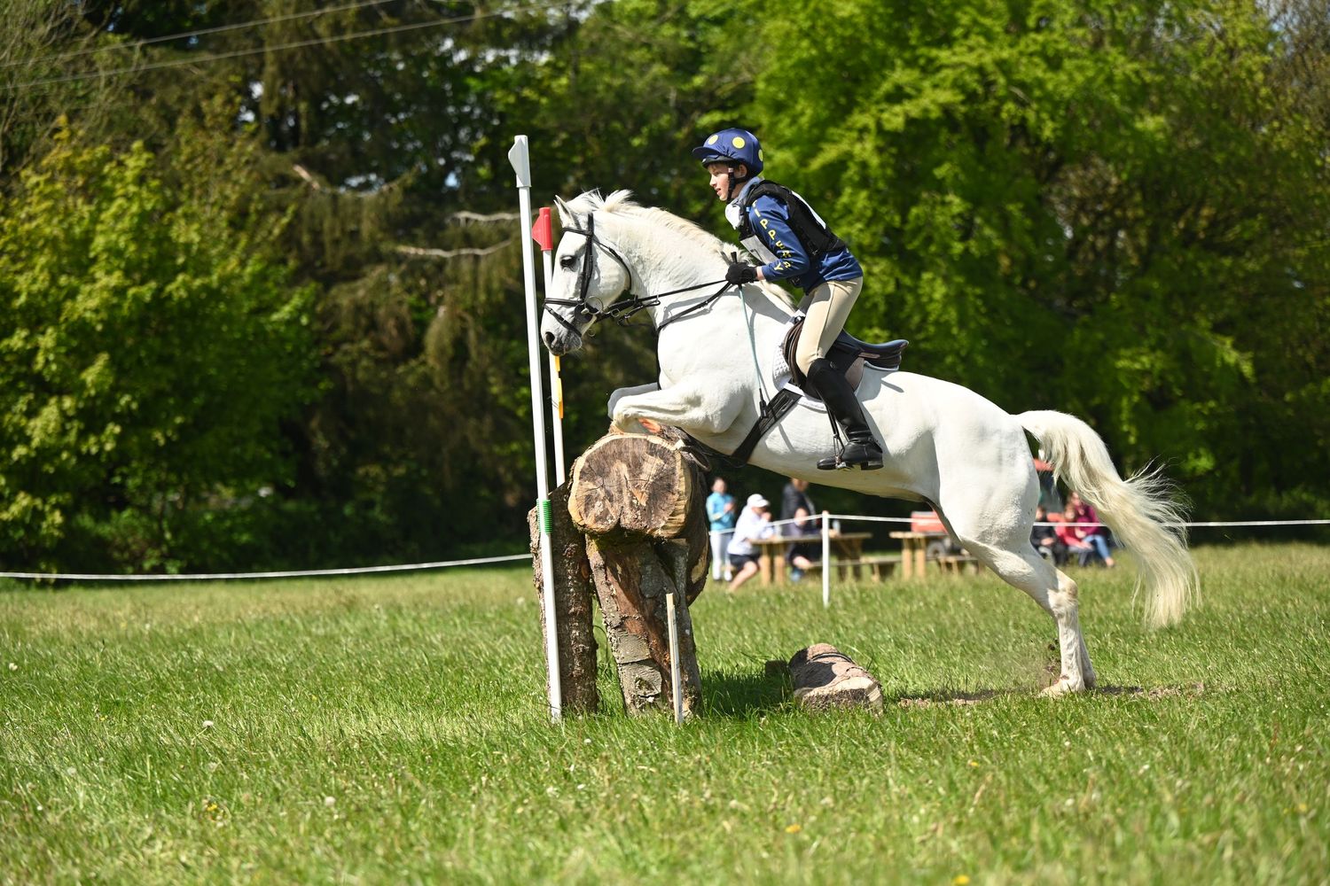 Series of equestrian jumps showing riders clearing obstacles in an outdoor arena.