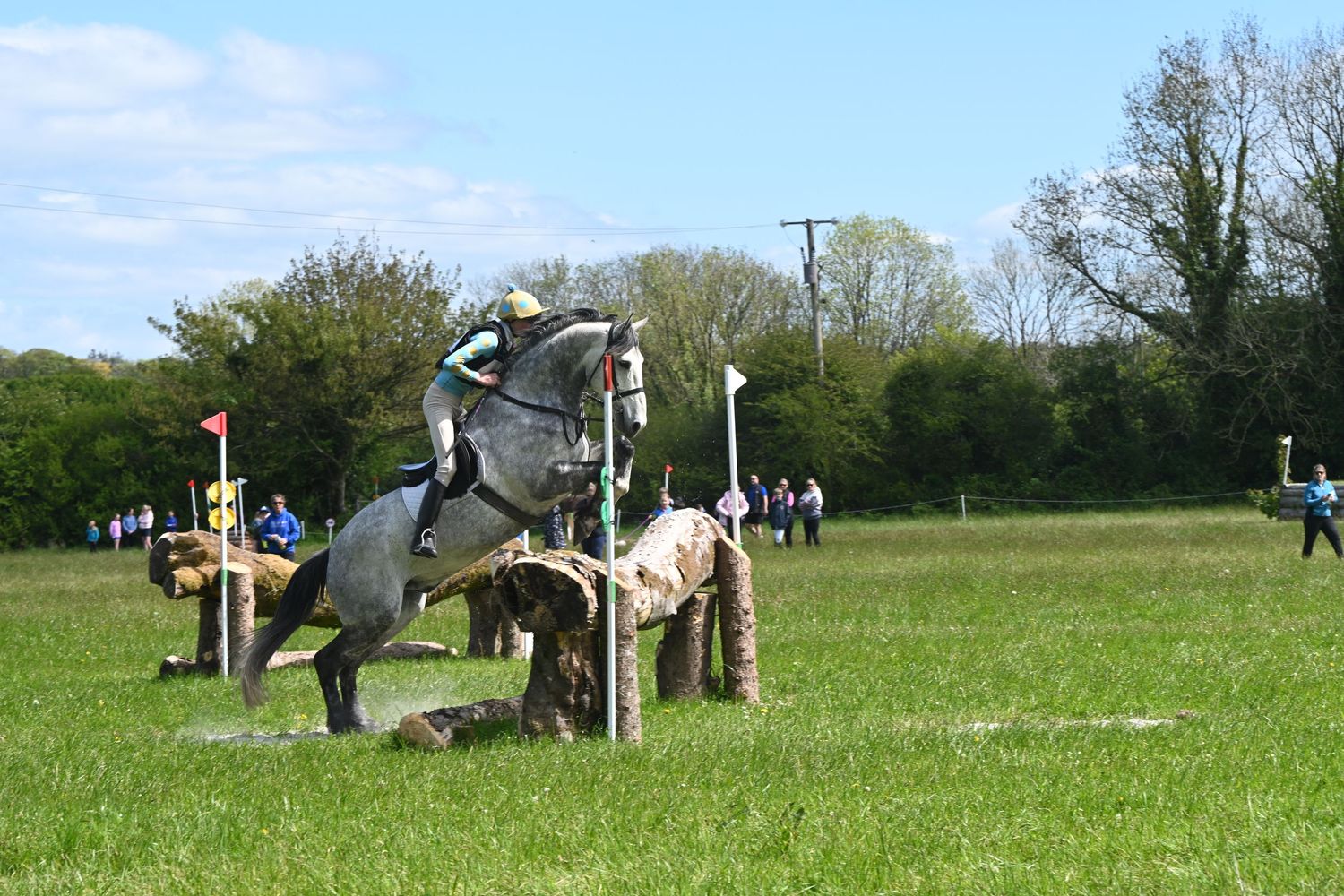 Equestrian competitor jumps over an obstacle course barrier on horseback in a sunny field.