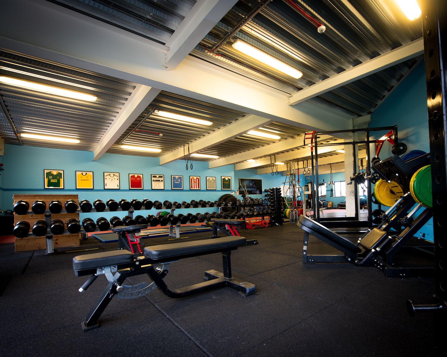 Well-equipped gym space with rows of dumbbells and weightlifting equipment under industrial ceiling lighting.