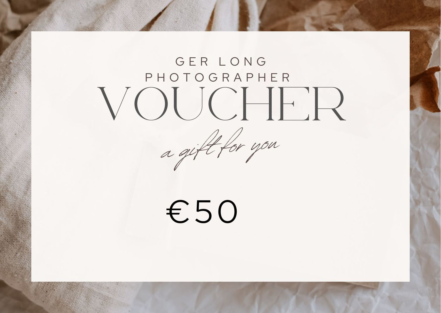 Gift voucher for Ger Long Photography services valued at 50 euros with elegant design.
