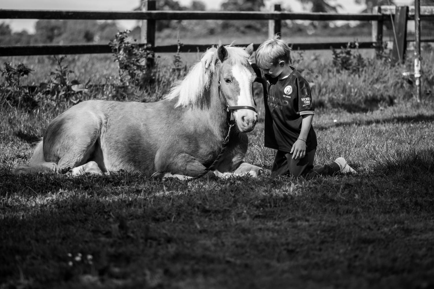 Black and white image of small child sitting beside resting pony in field.